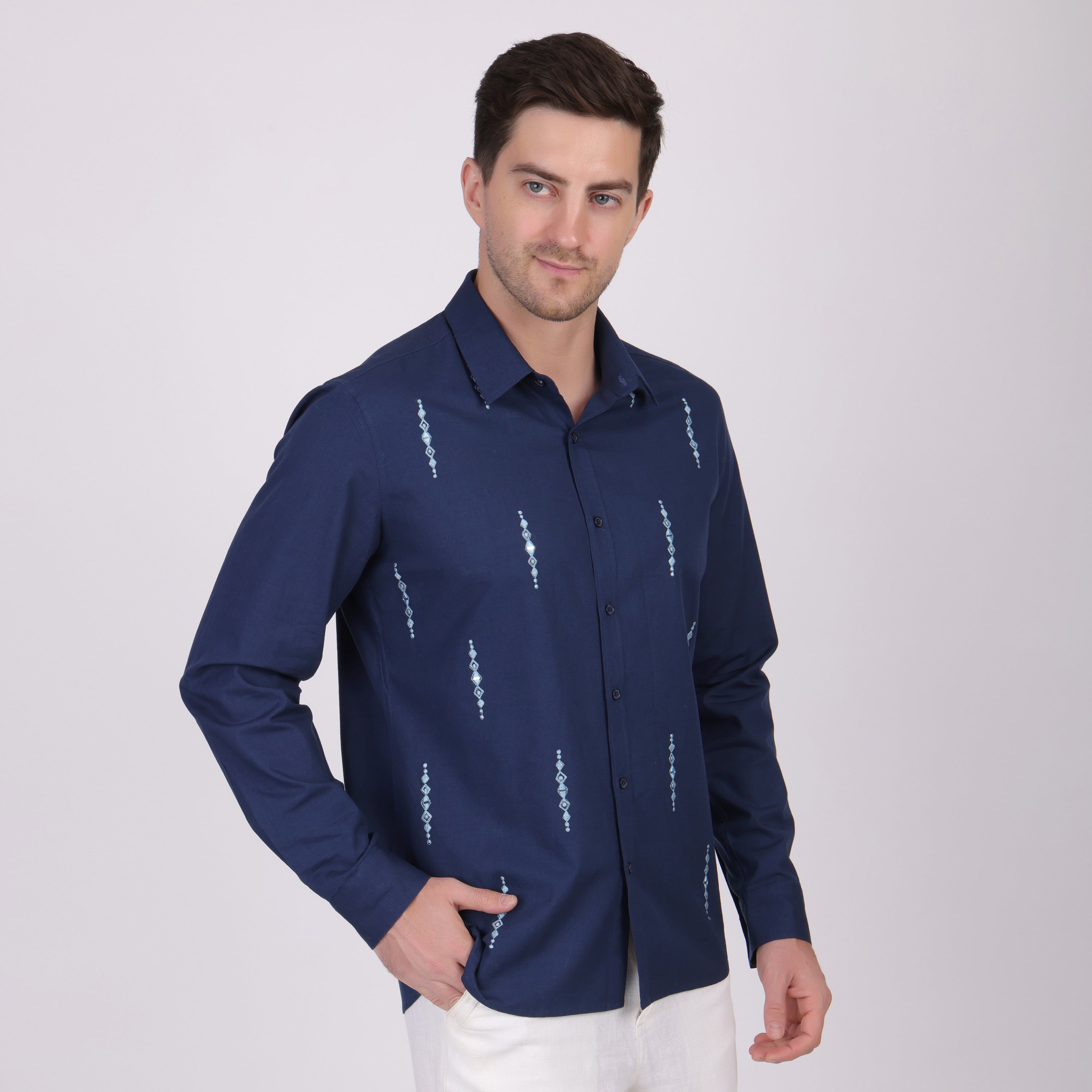 MIRROR WORK EMBROIDED ETHNIC PARTY SHIRT BLUE