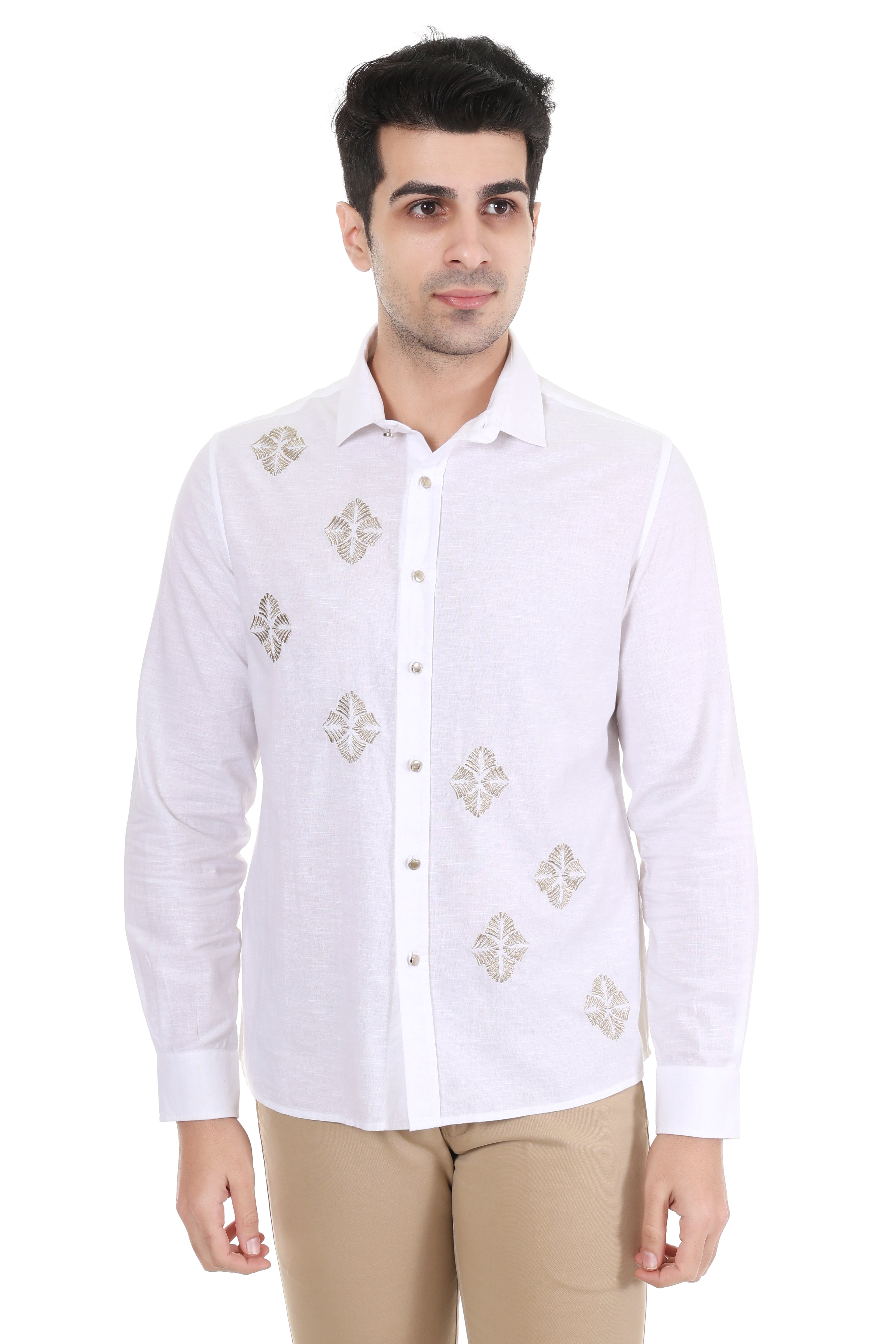 White Zari Embroidered Slim Fit Shirt for Men