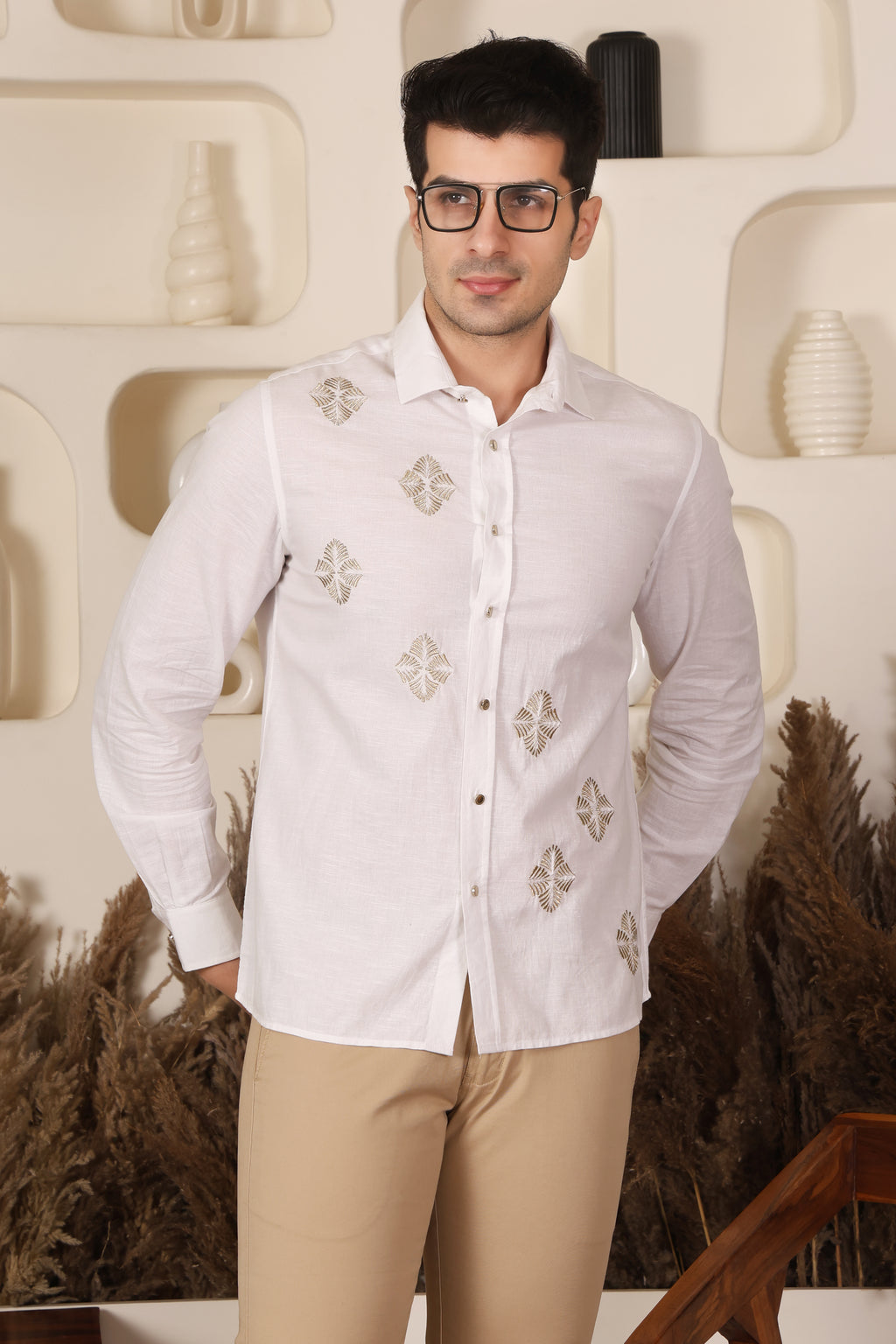 White Zari Embroidered Slim Fit Shirt for Men