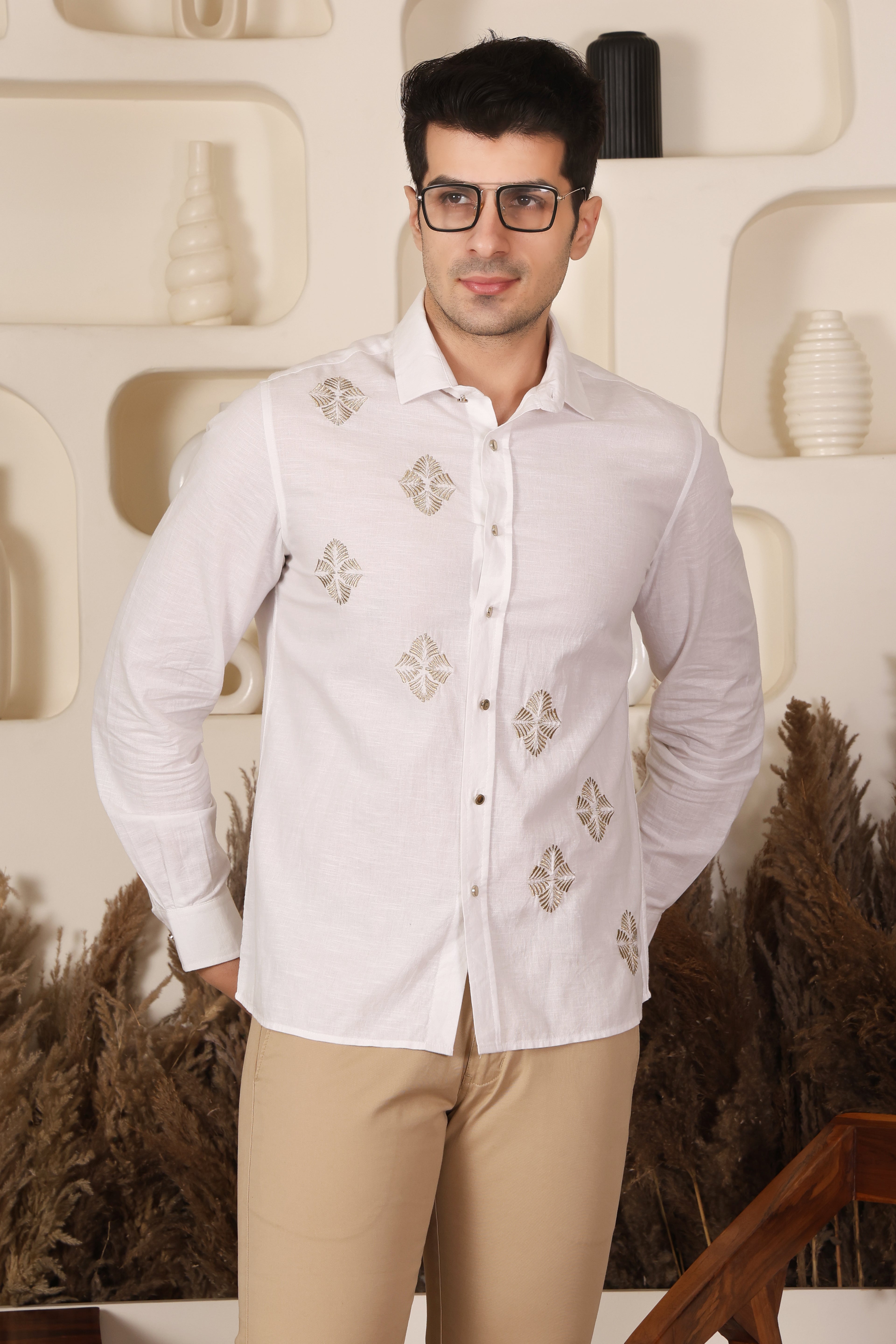 White Zari Embroidered Slim Fit Shirt for Men