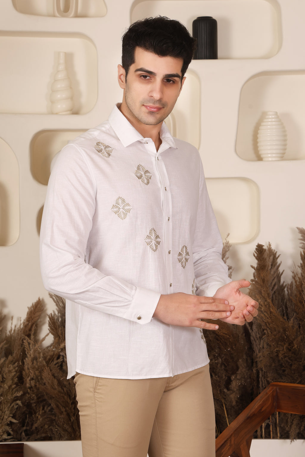 White Zari Embroidered Slim Fit Shirt for Men