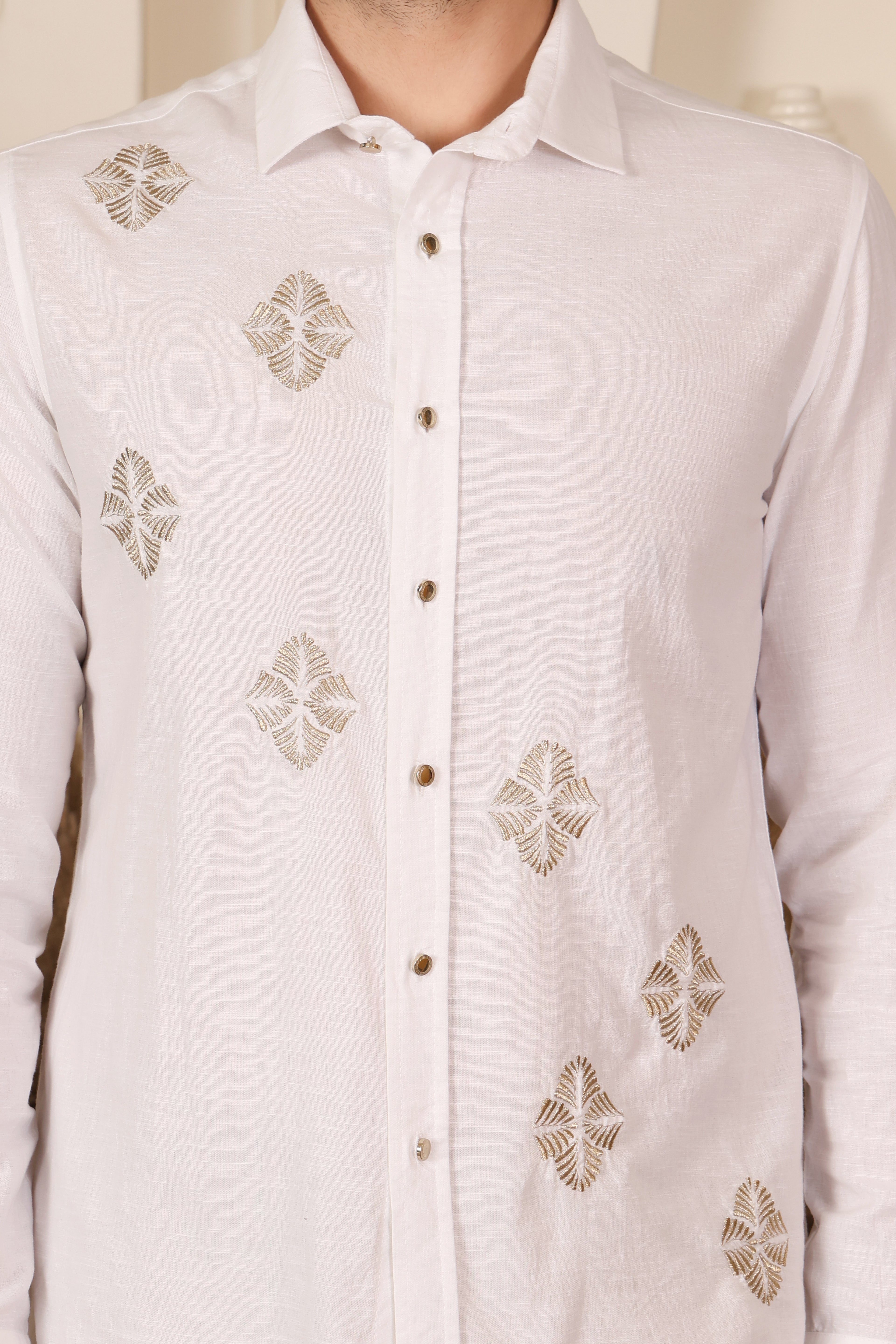 White Zari Embroidered Slim Fit Shirt for Men