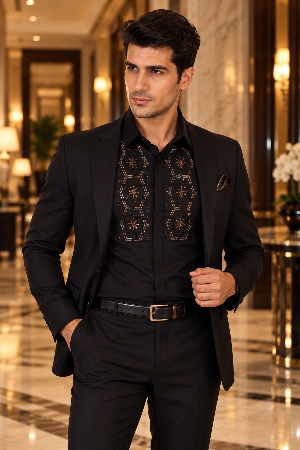 HEXA EMBRIODED BEAD WORK ETHNIC PARTY SHIRT BLACK (PWE019)