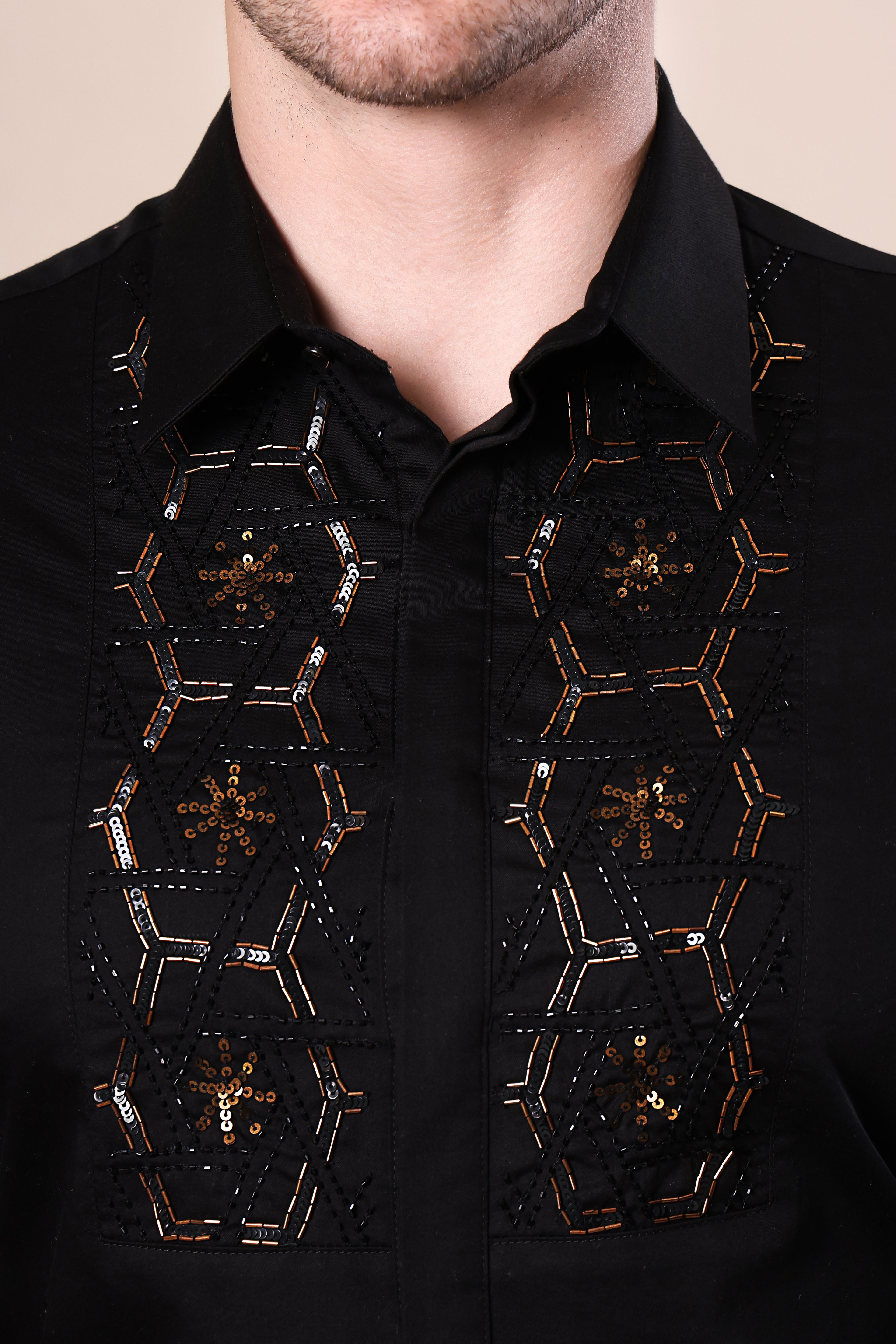 HEXA EMBRIODED BEAD WORK ETHNIC PARTY SHIRT BLACK