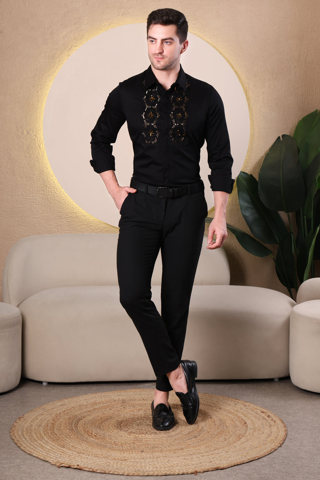 HEXA EMBRIODED BEAD WORK ETHNIC PARTY SHIRT BLACK