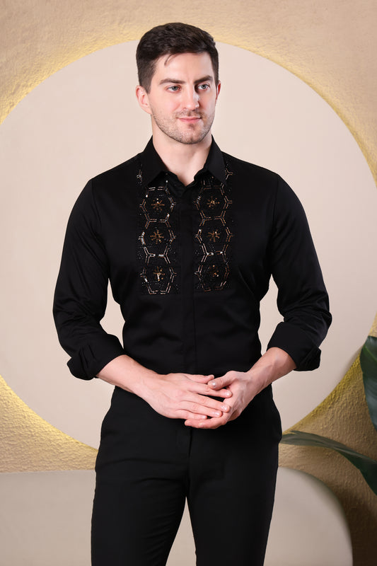Hand Embroidered Cotton Blend Men's Slim Fit Full Sleeve Shirt - Black (PWE019)