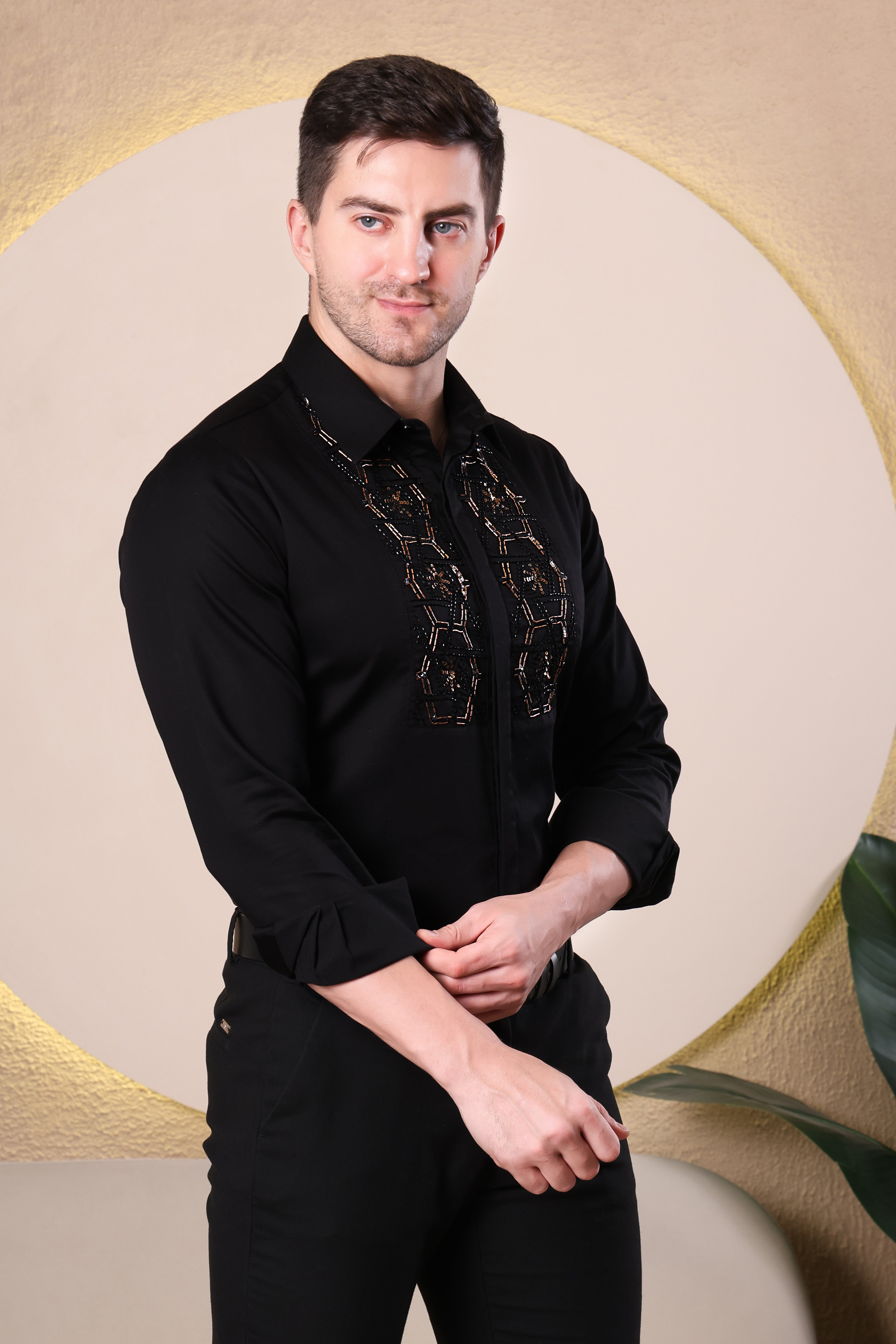 HEXA EMBRIODED BEAD WORK ETHNIC PARTY SHIRT BLACK