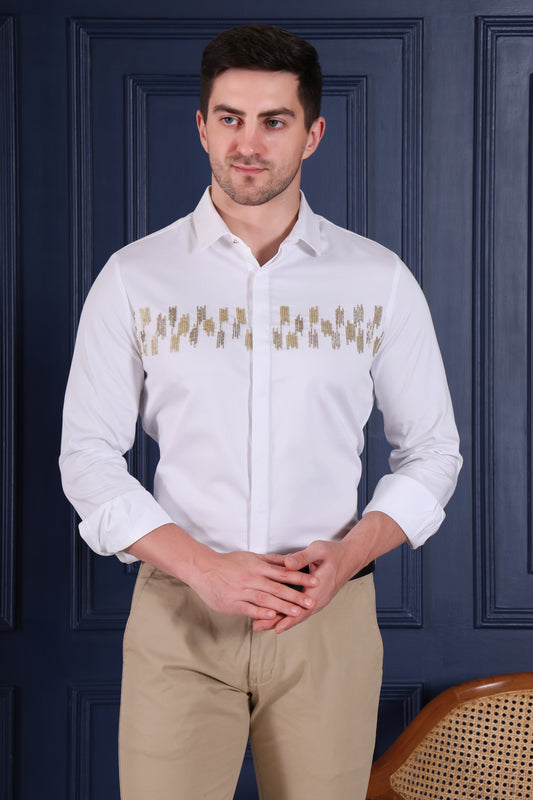 Men's White Designer Party Wear Cotton Blend Shirt with Gold Abstract Hand Embroidery
