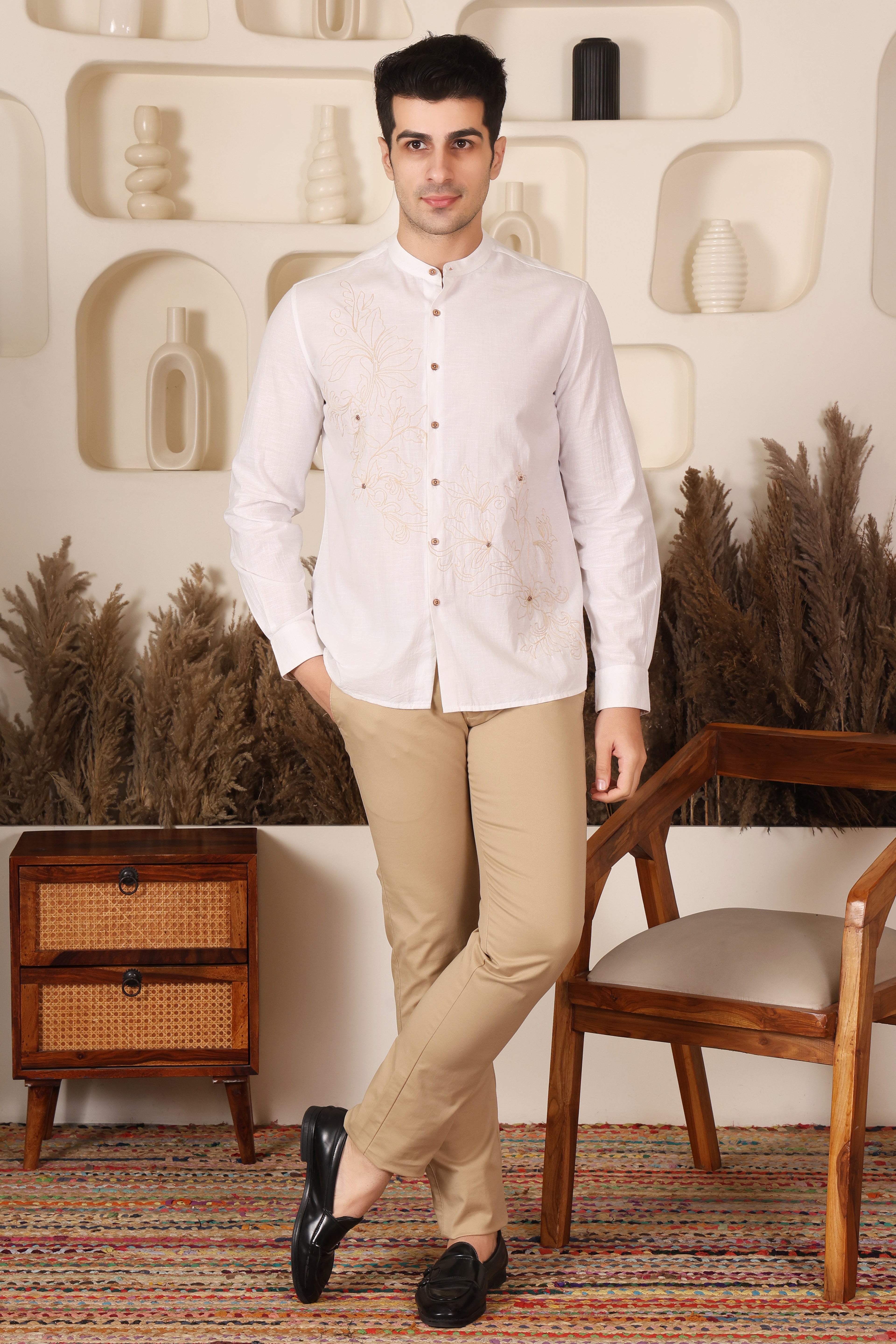 White Floral Embroidered Shirt for Men