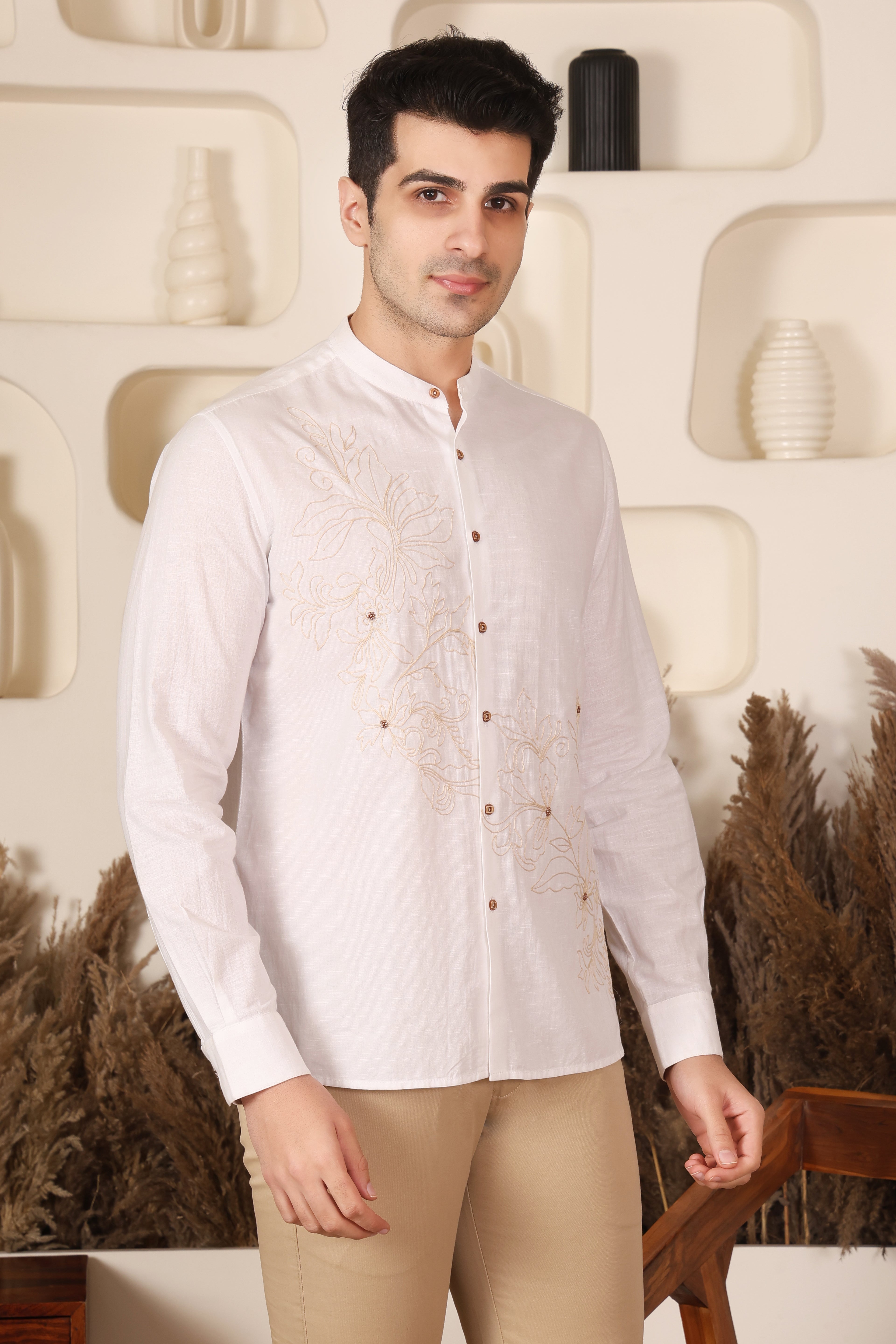 White Floral Embroidered Shirt for Men
