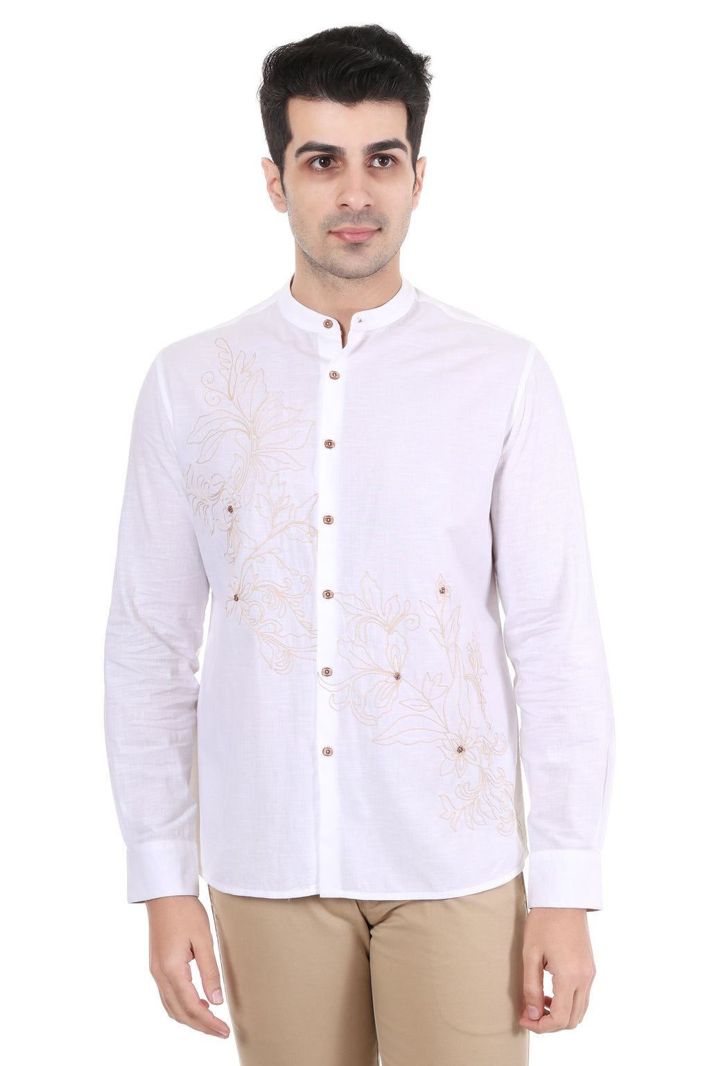 White Zari Embroidered Slim Fit Shirt for Men