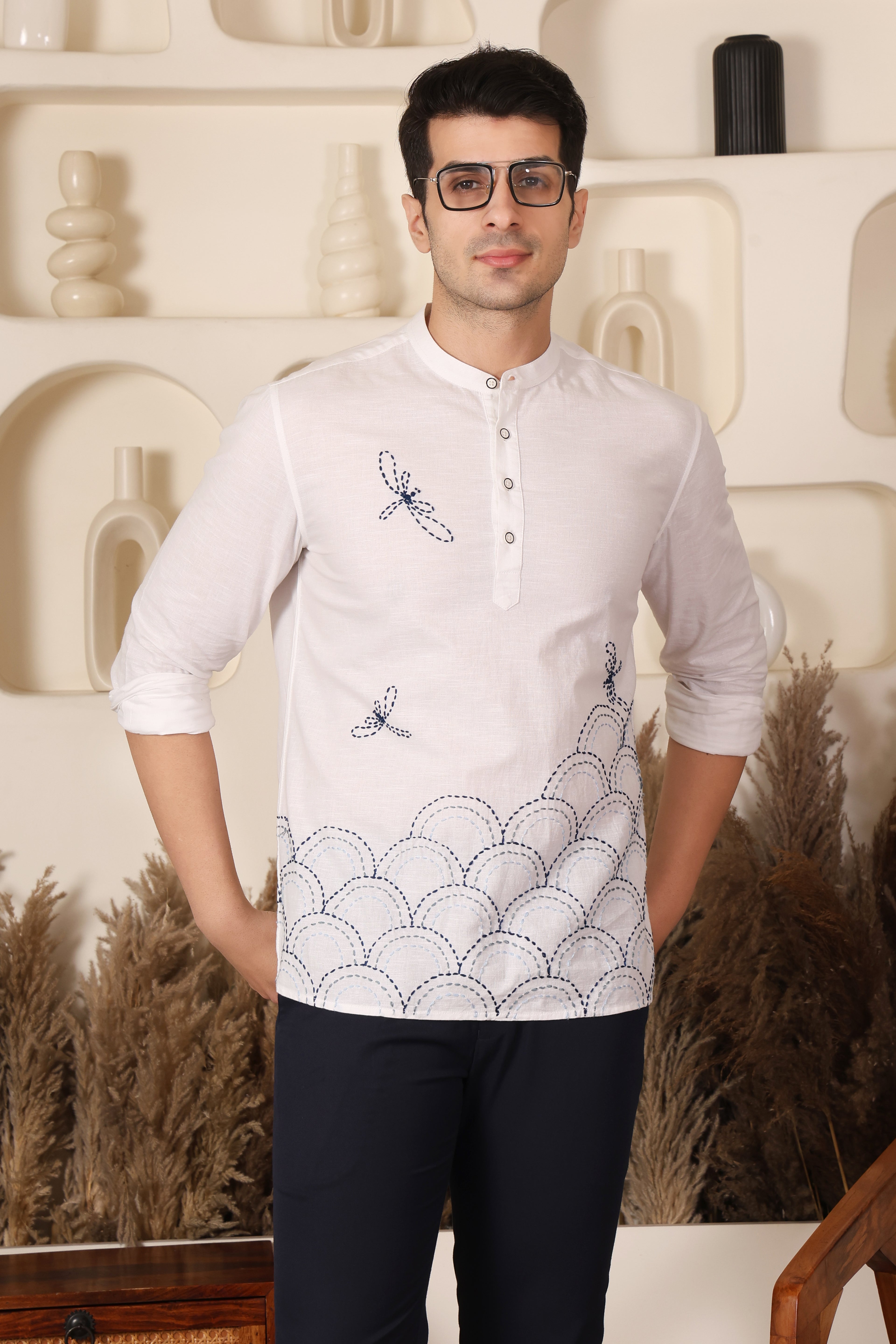 White Dragonfly Embroidered Mandarin Shirt Men
