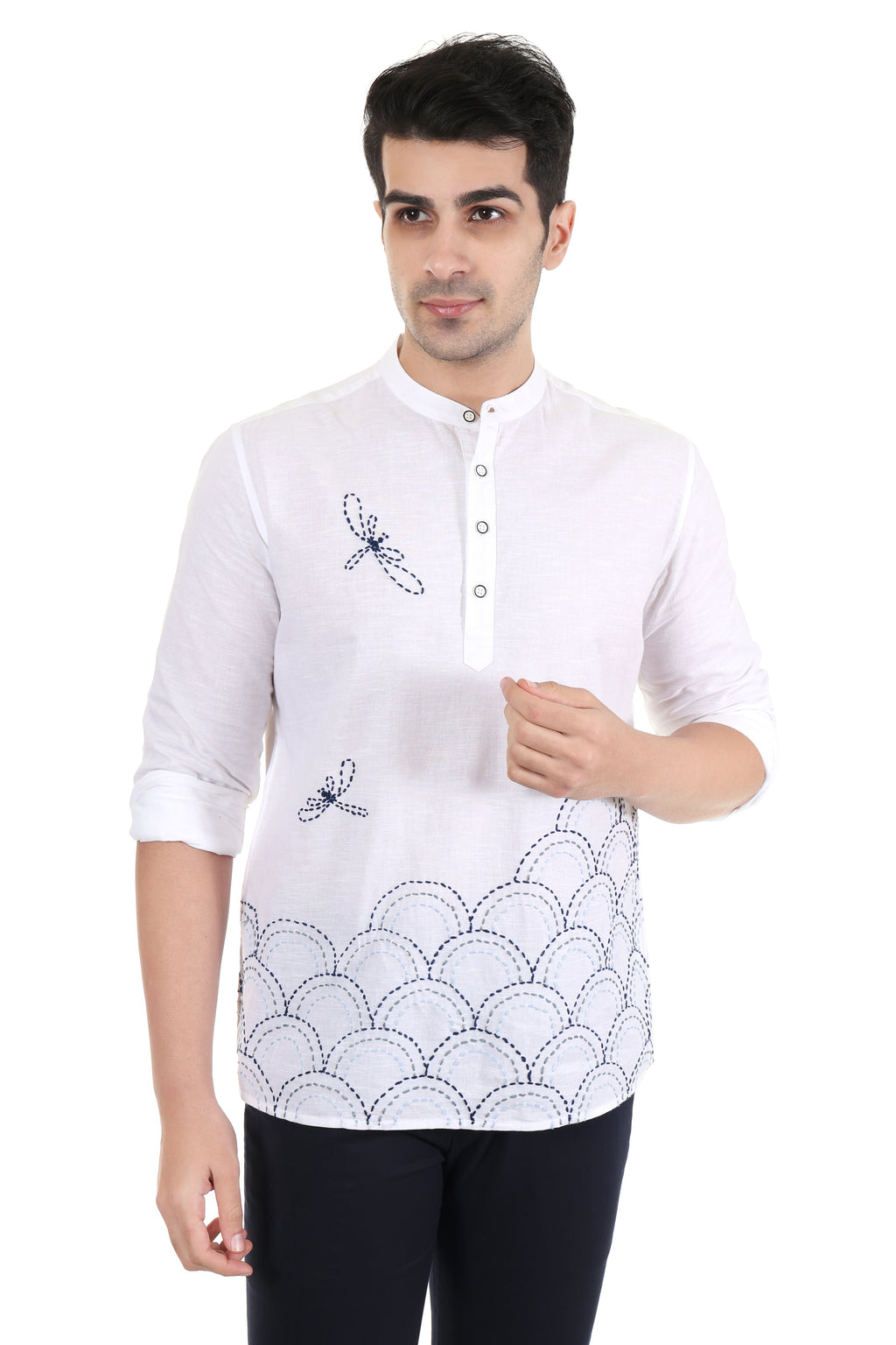 White Dragonfly Embroidered Mandarin Shirt Men