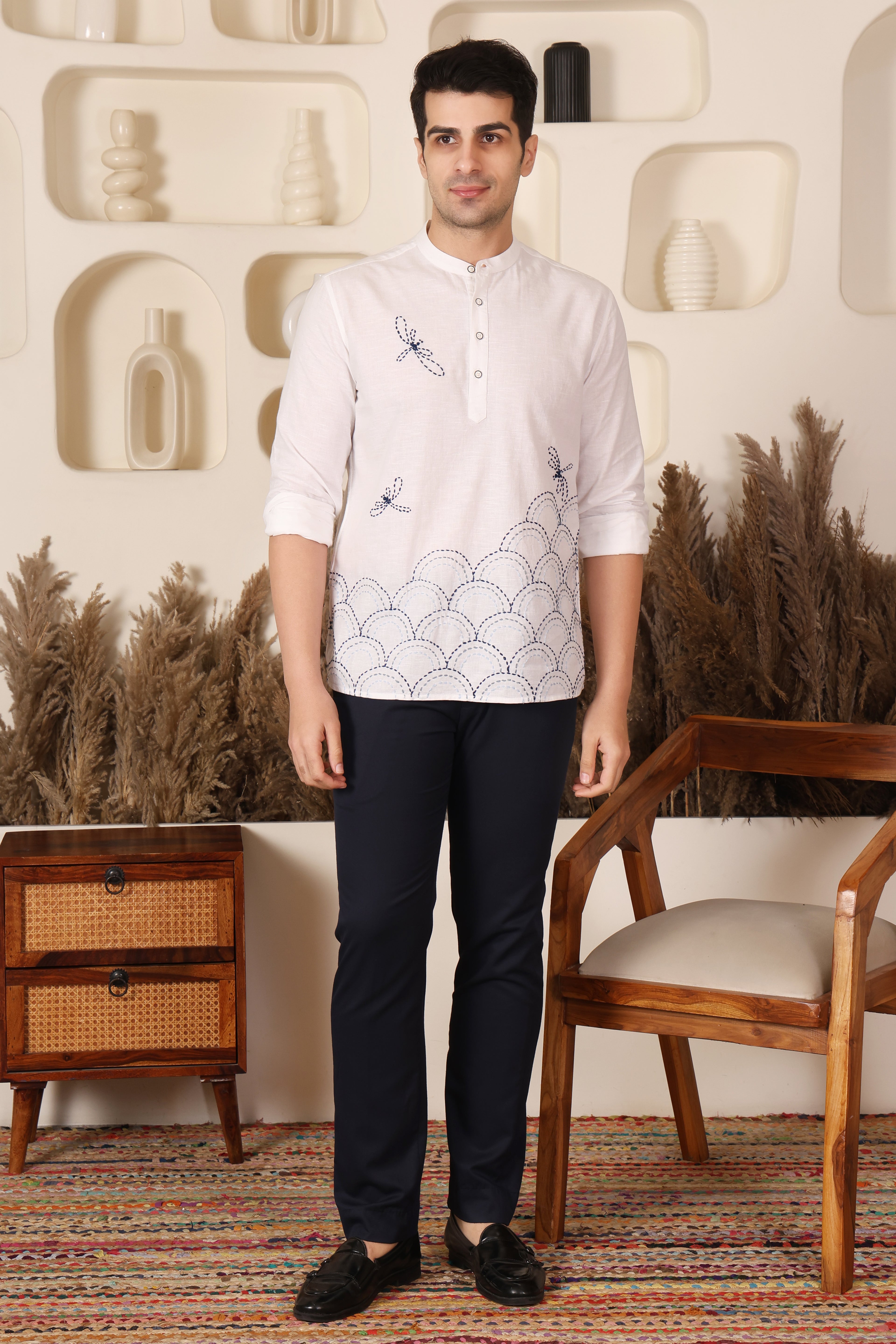 White Dragonfly Embroidered Mandarin Shirt Men