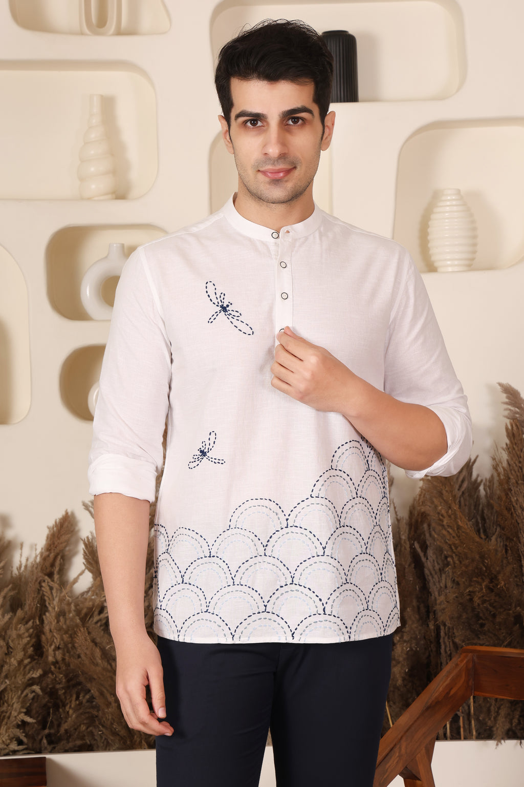 White Dragonfly Embroidered Mandarin Shirt Men