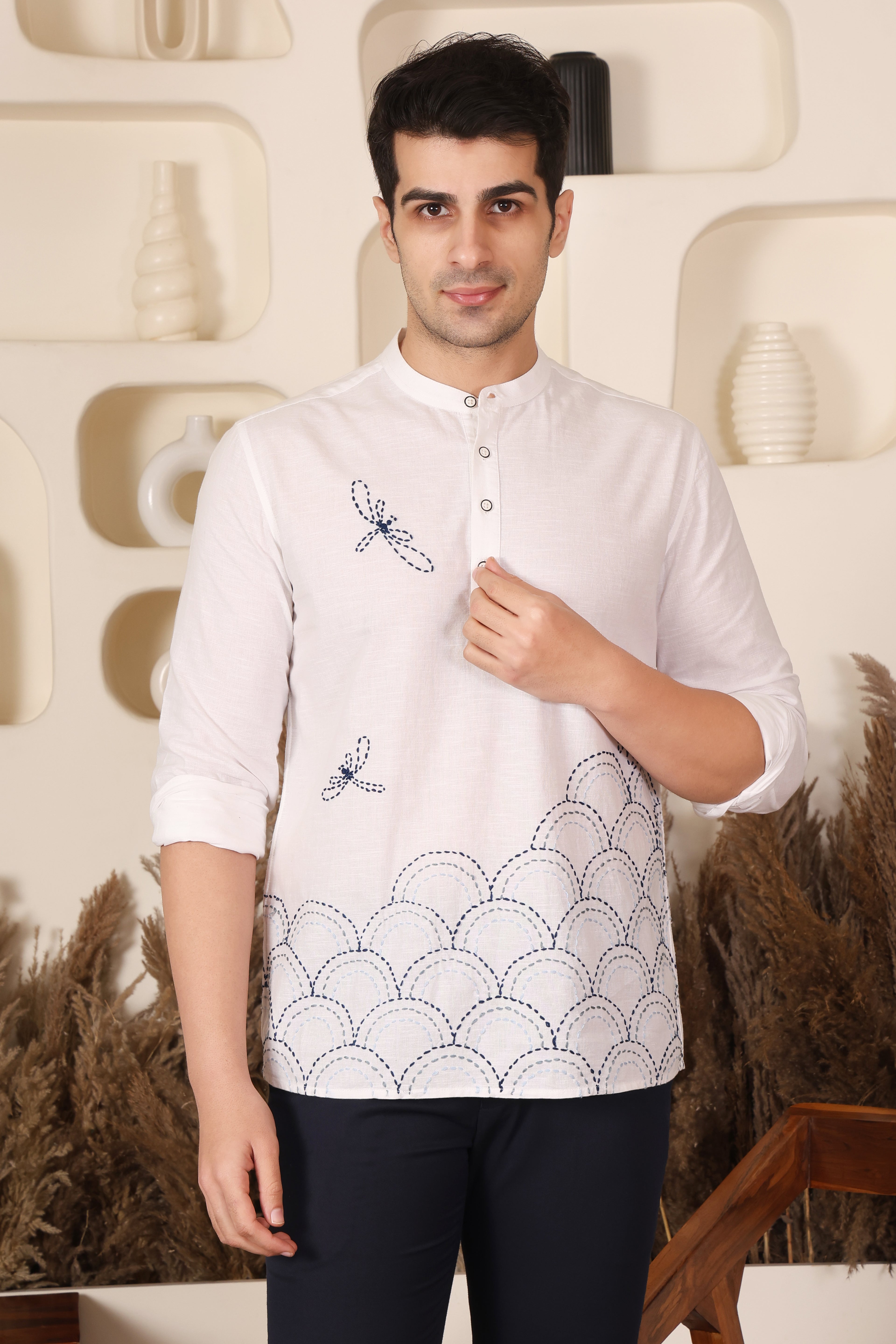 White Dragonfly Embroidered Mandarin Shirt Men