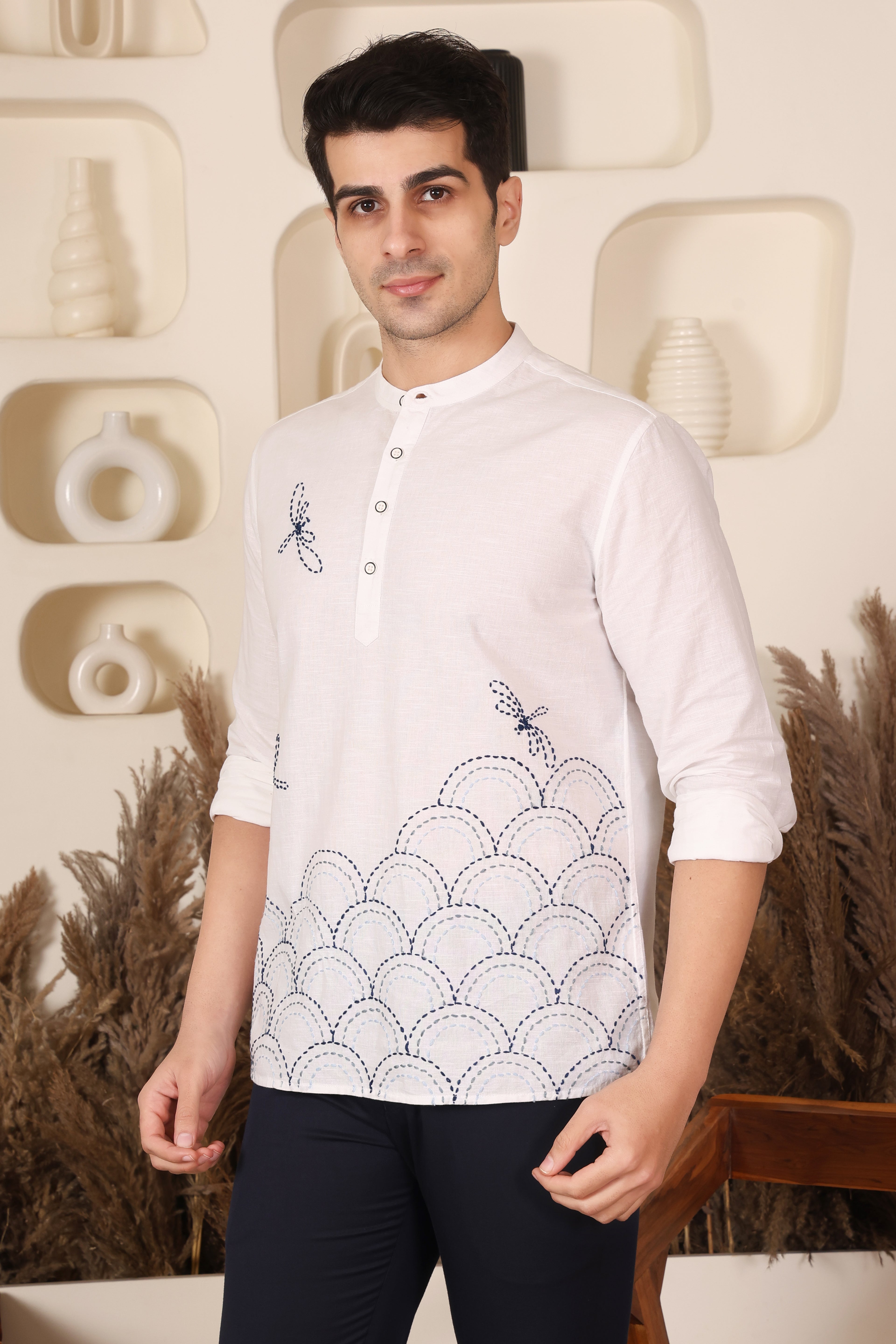 White Dragonfly Embroidered Mandarin Shirt Men