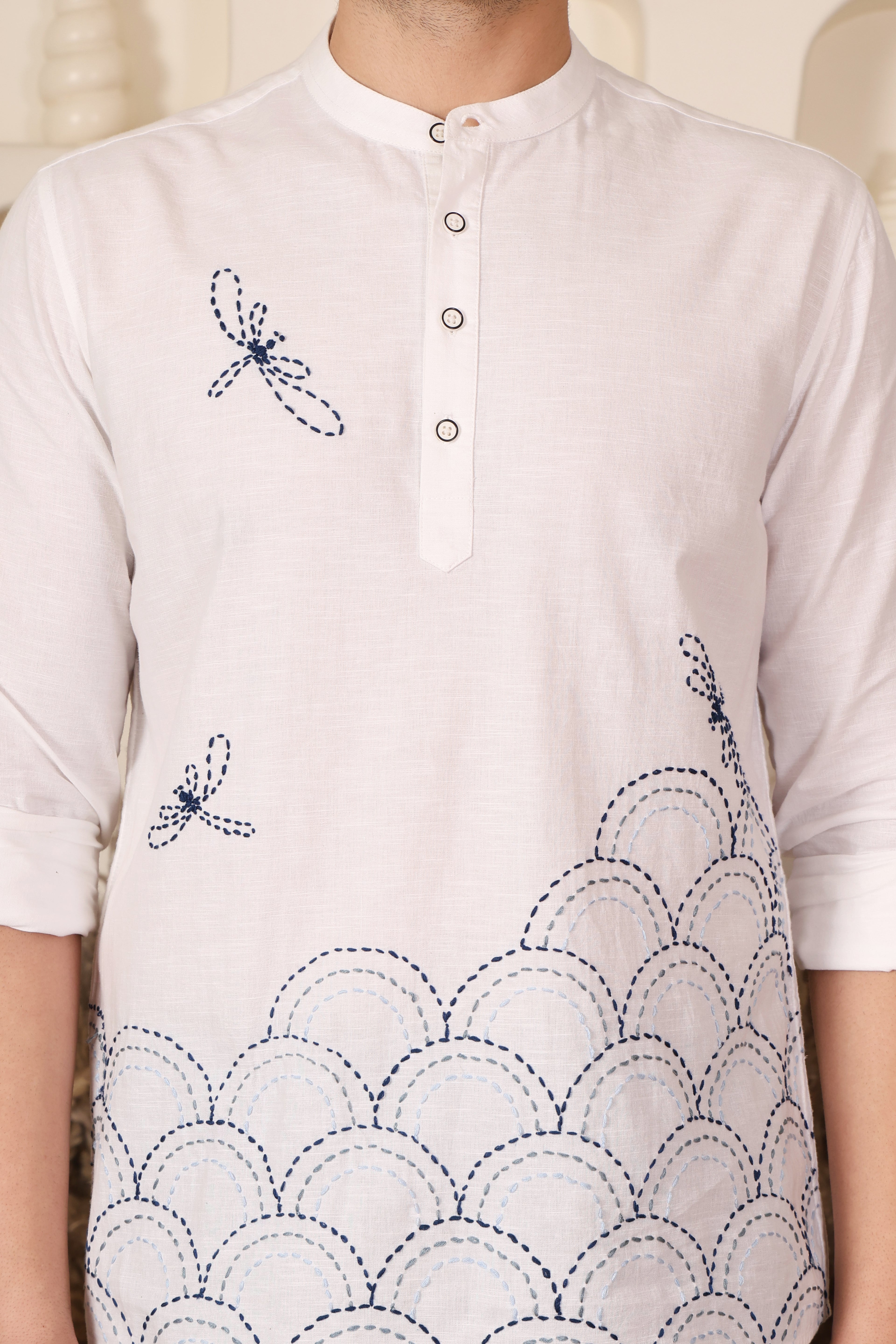White Dragonfly Embroidered Mandarin Shirt Men