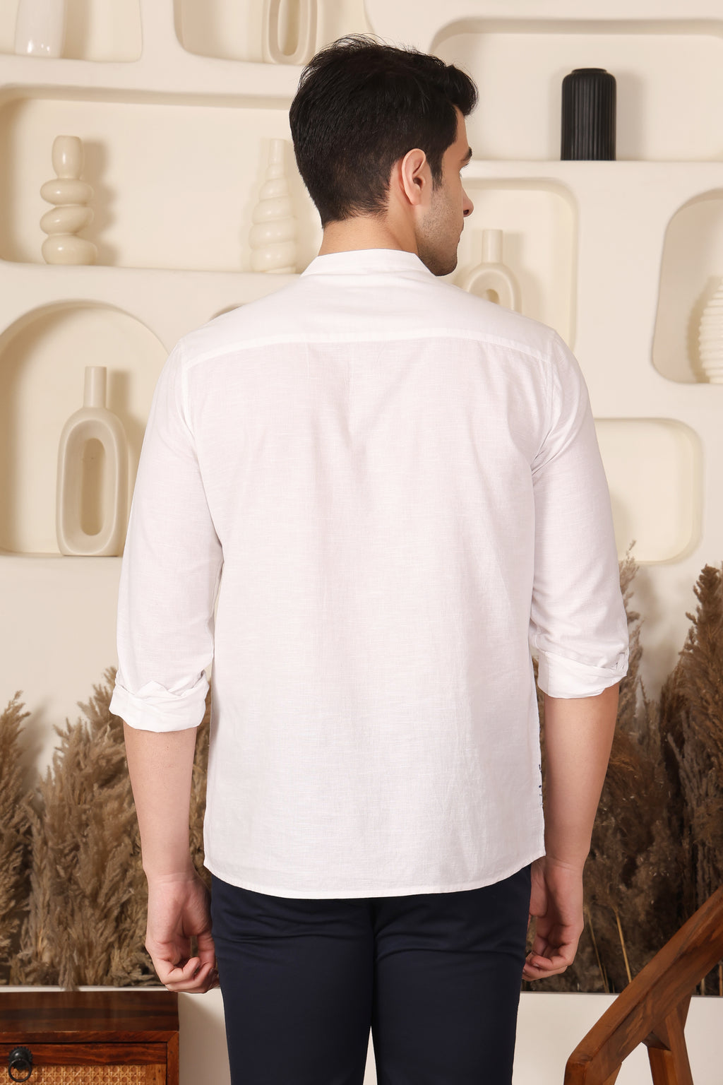 White Dragonfly Embroidered Mandarin Shirt Men