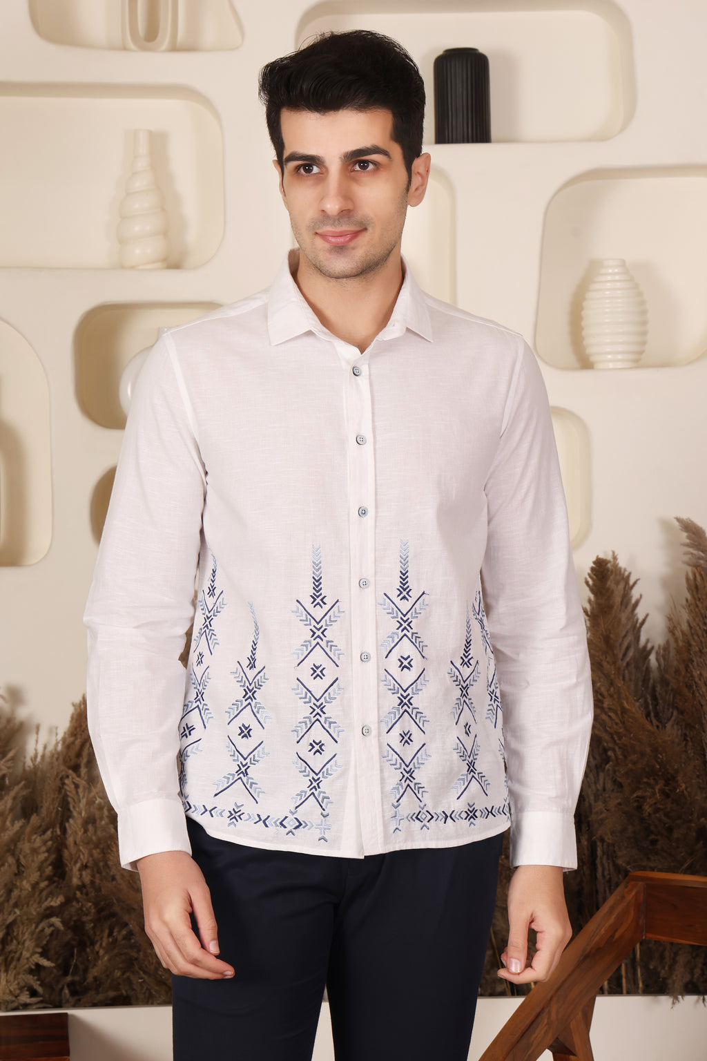 White Geometric Embroidered Shirt for Men