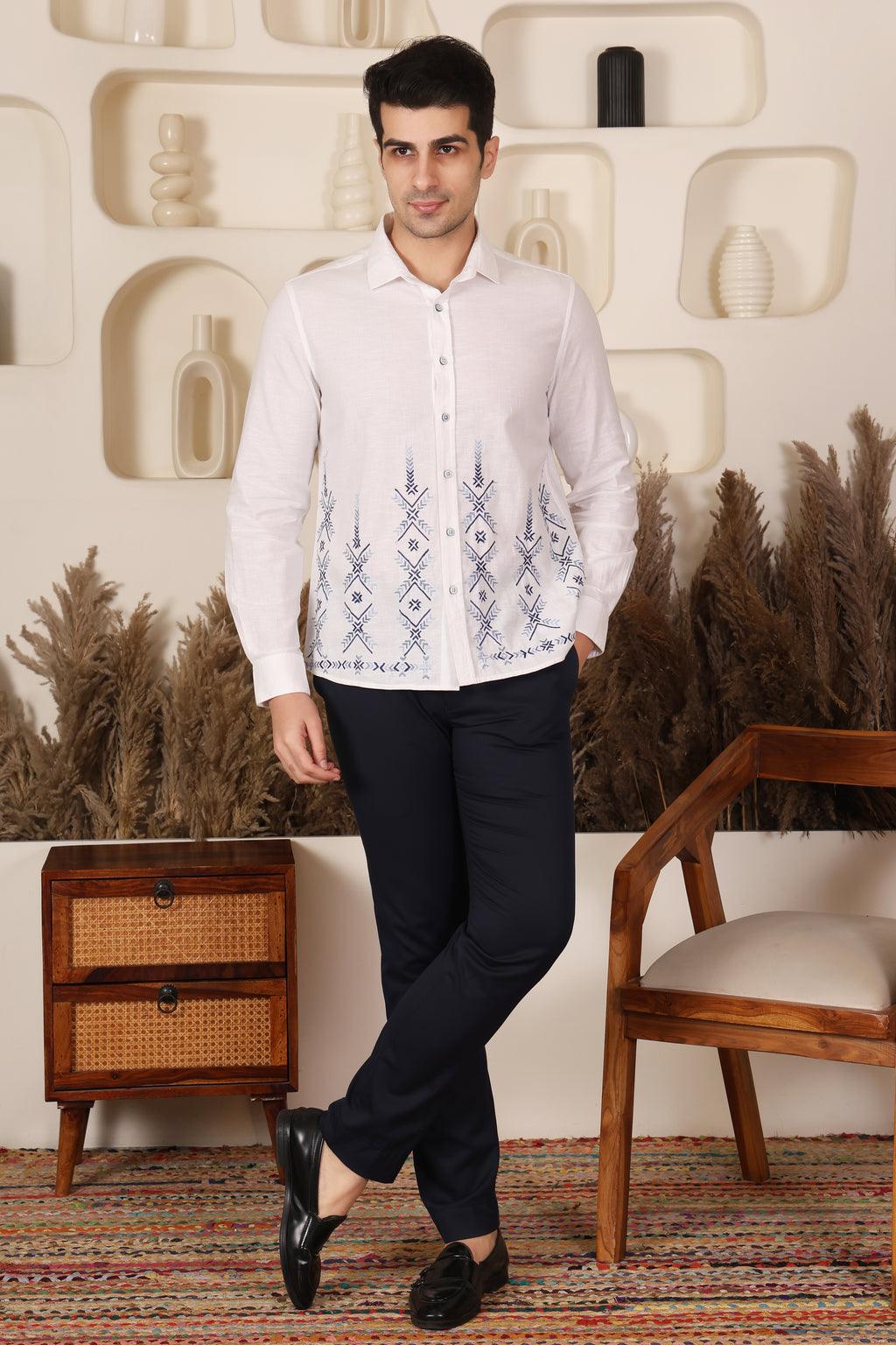 White Geometric Embroidered Shirt for Men
