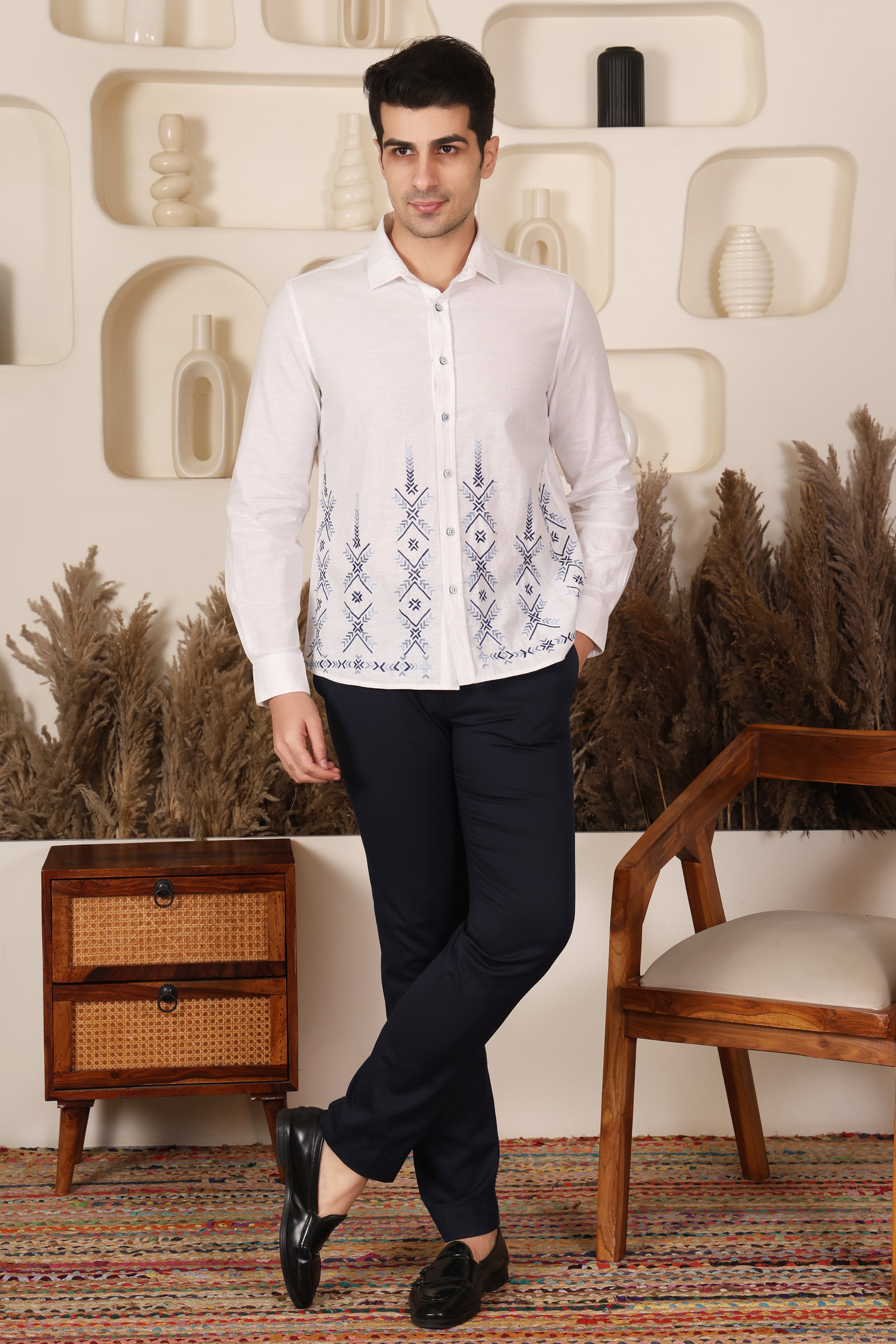 White Geometric Embroidered Shirt for Men