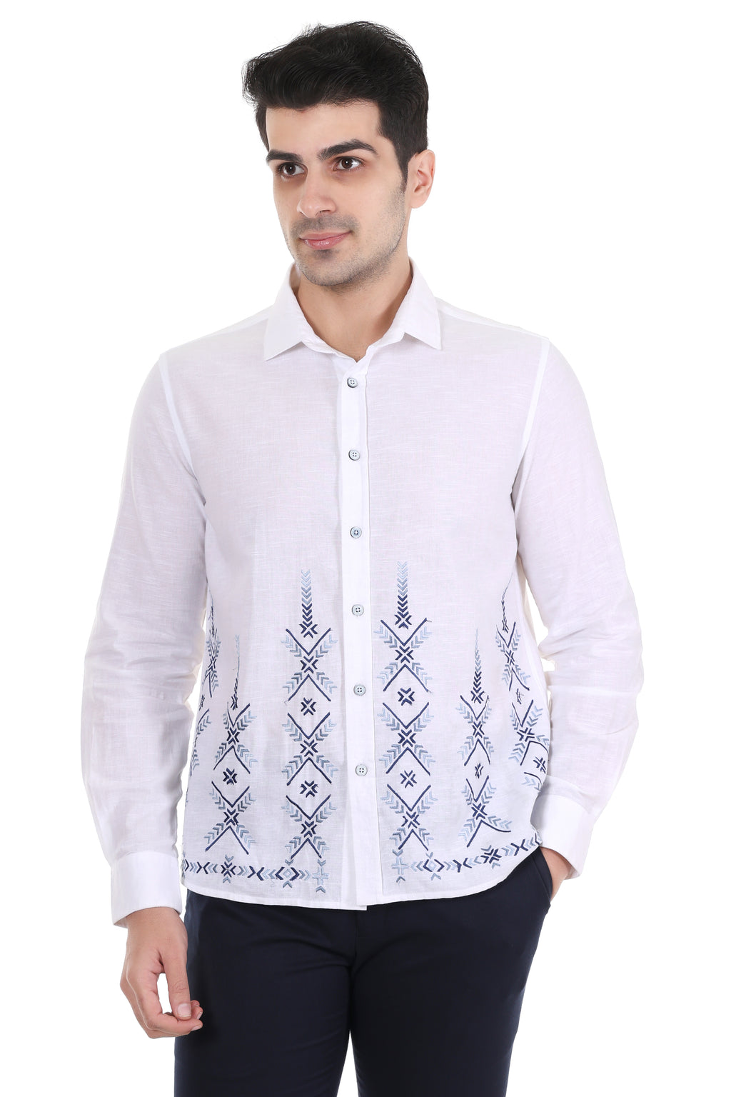 White Geometric Embroidered Shirt for Men