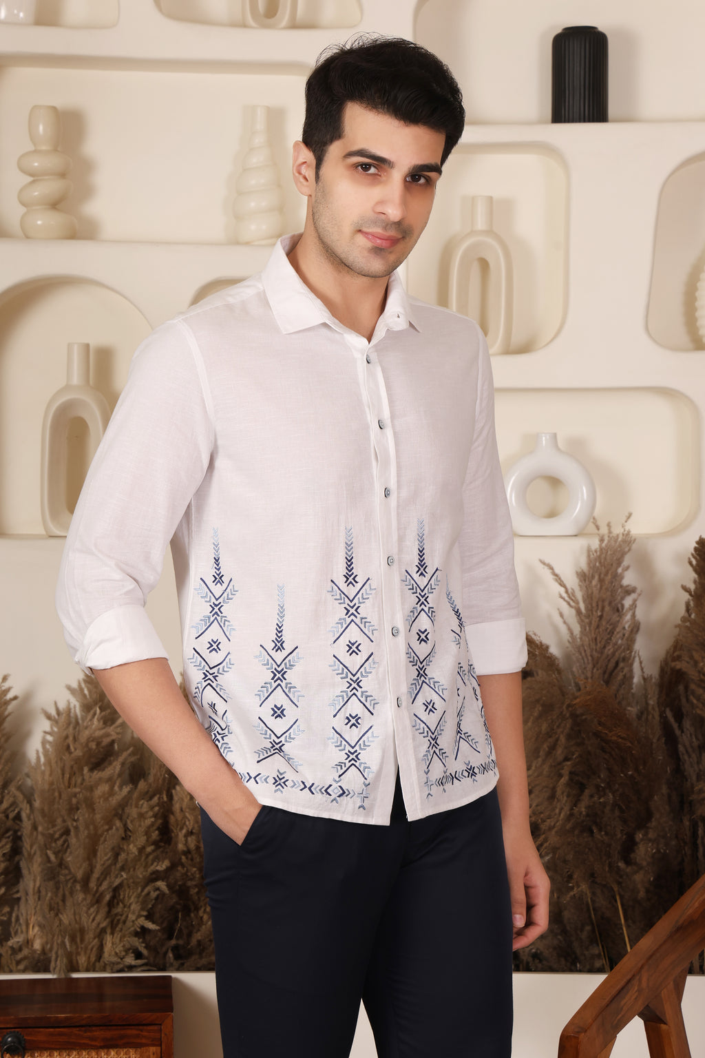 White Geometric Embroidered Shirt for Men