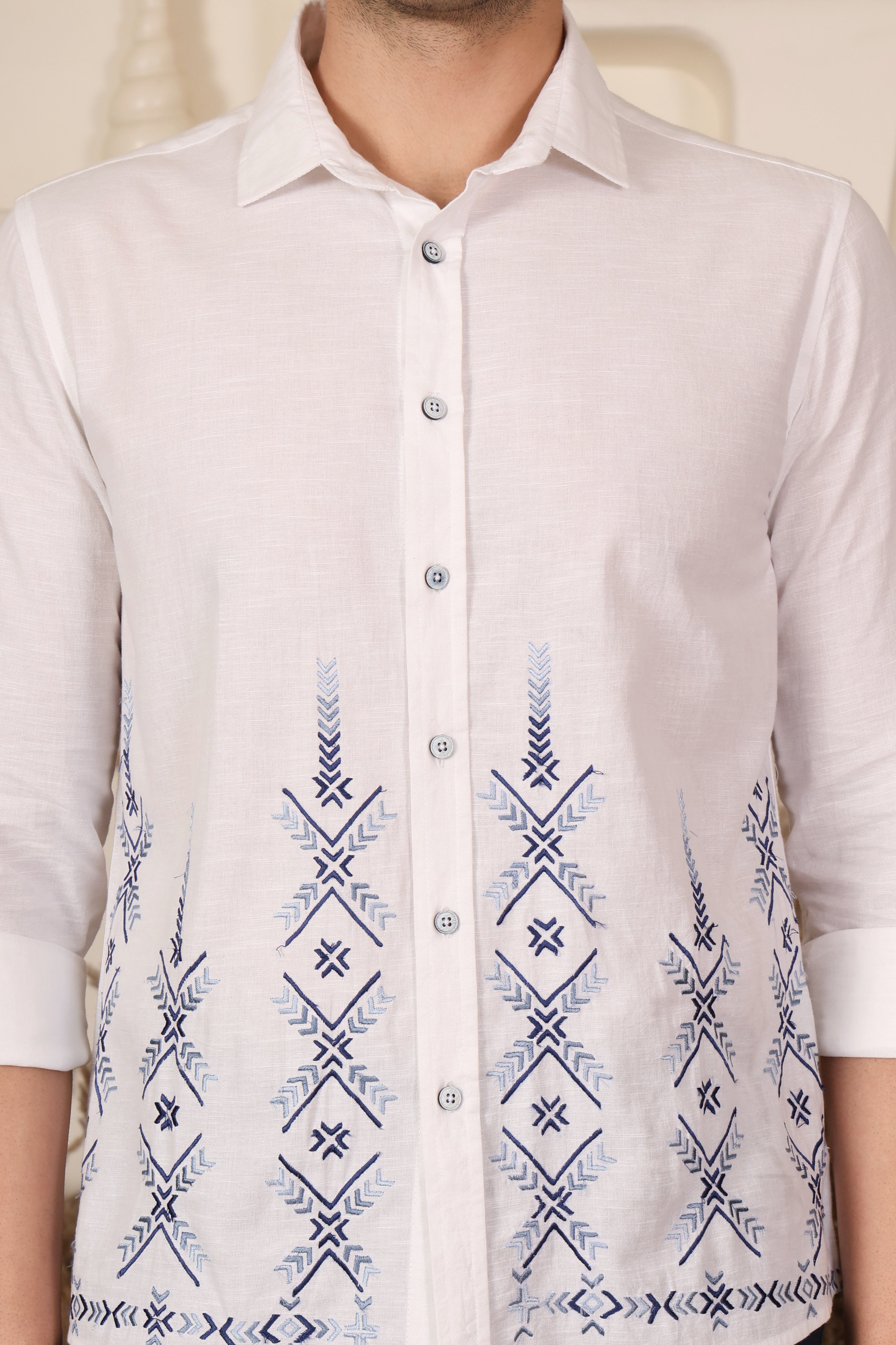 White Geometric Embroidered Shirt for Men