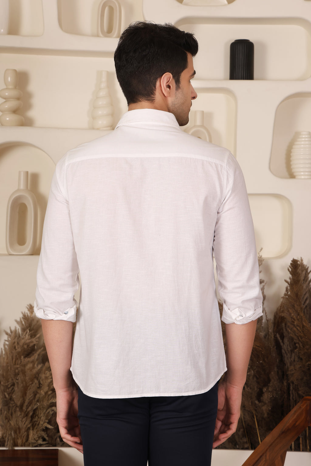 White Geometric Embroidered Shirt for Men