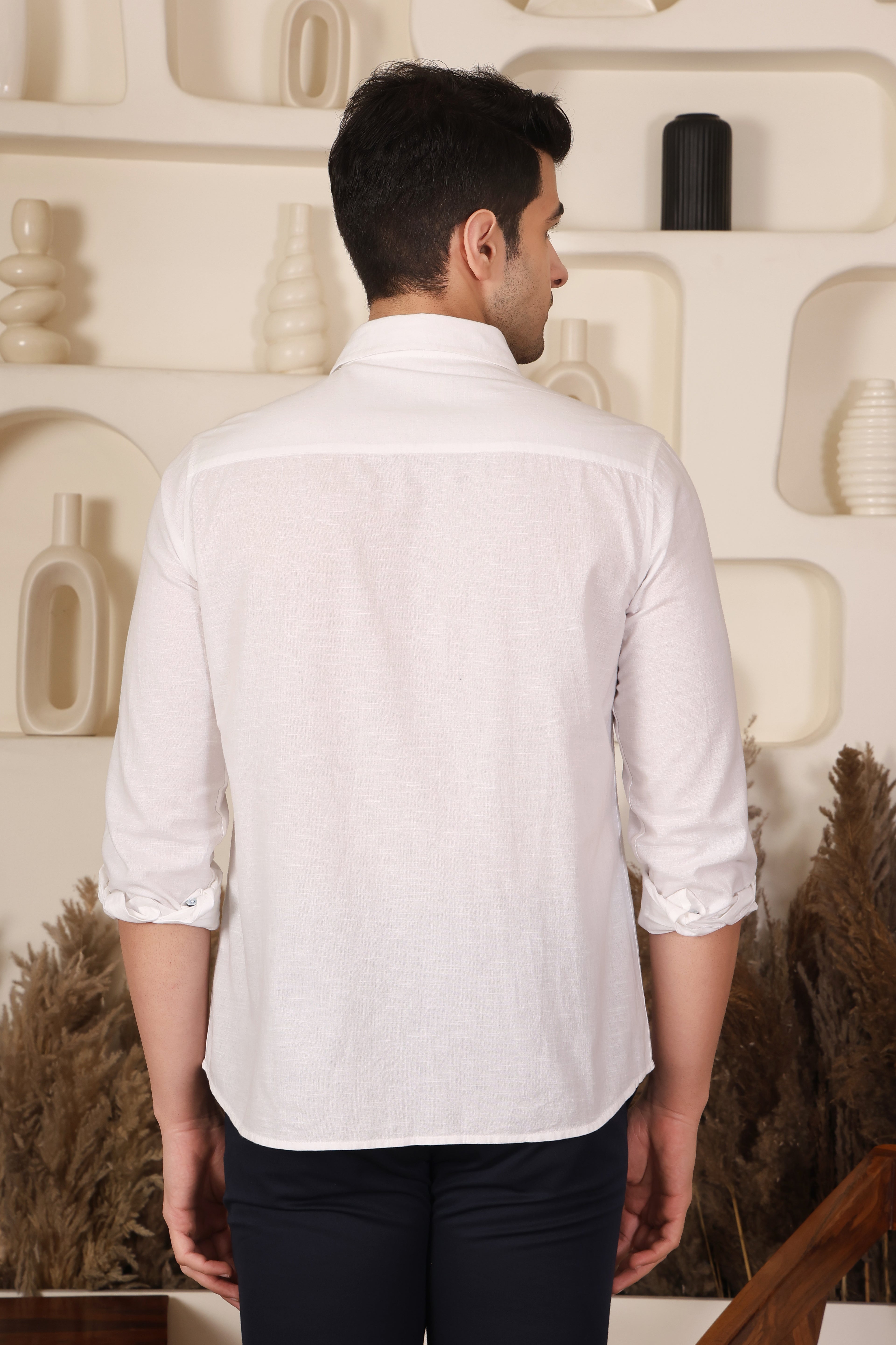 White Geometric Embroidered Shirt for Men