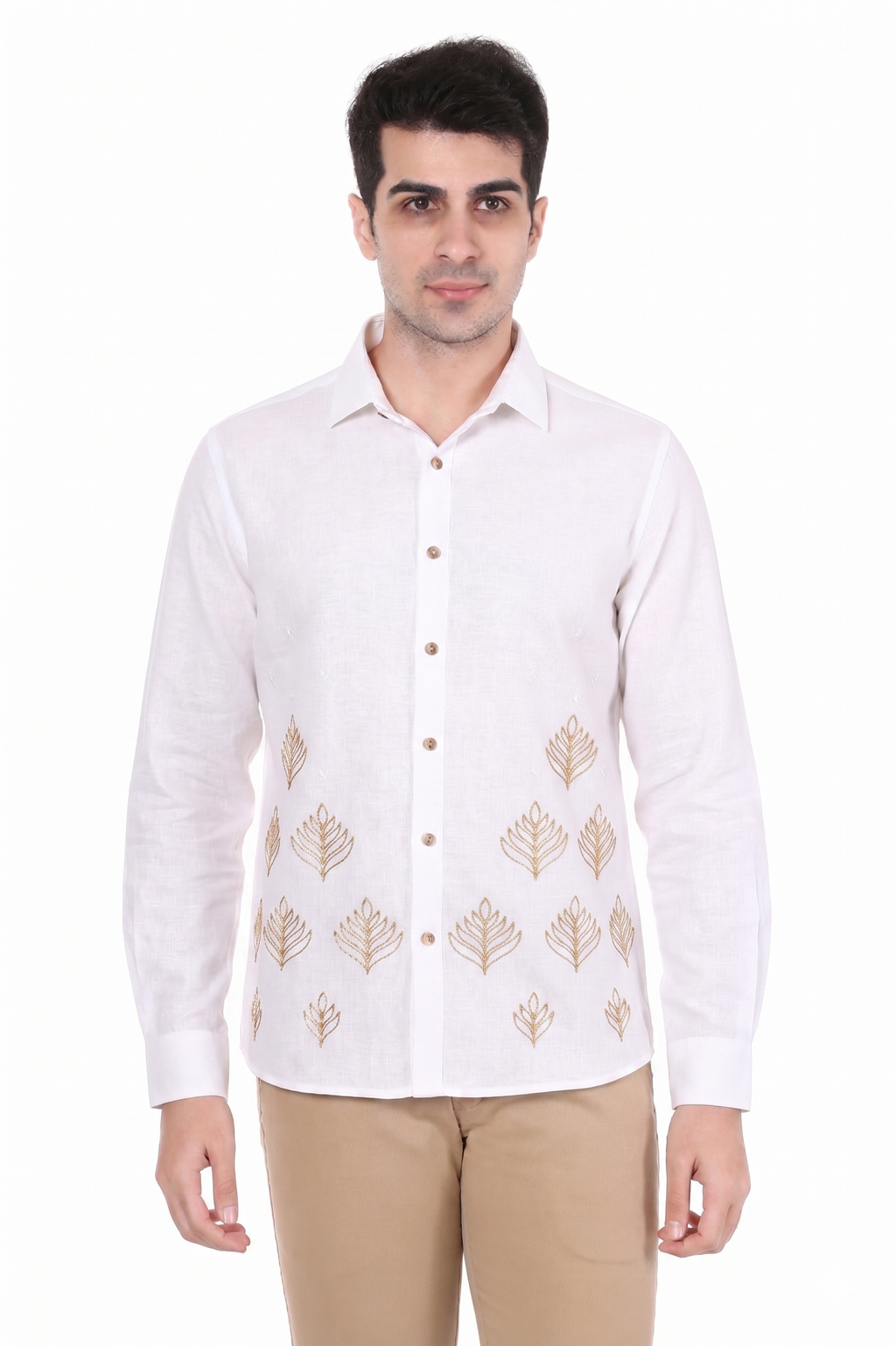 White Zari Embroidered Regular Fit Shirt for Men