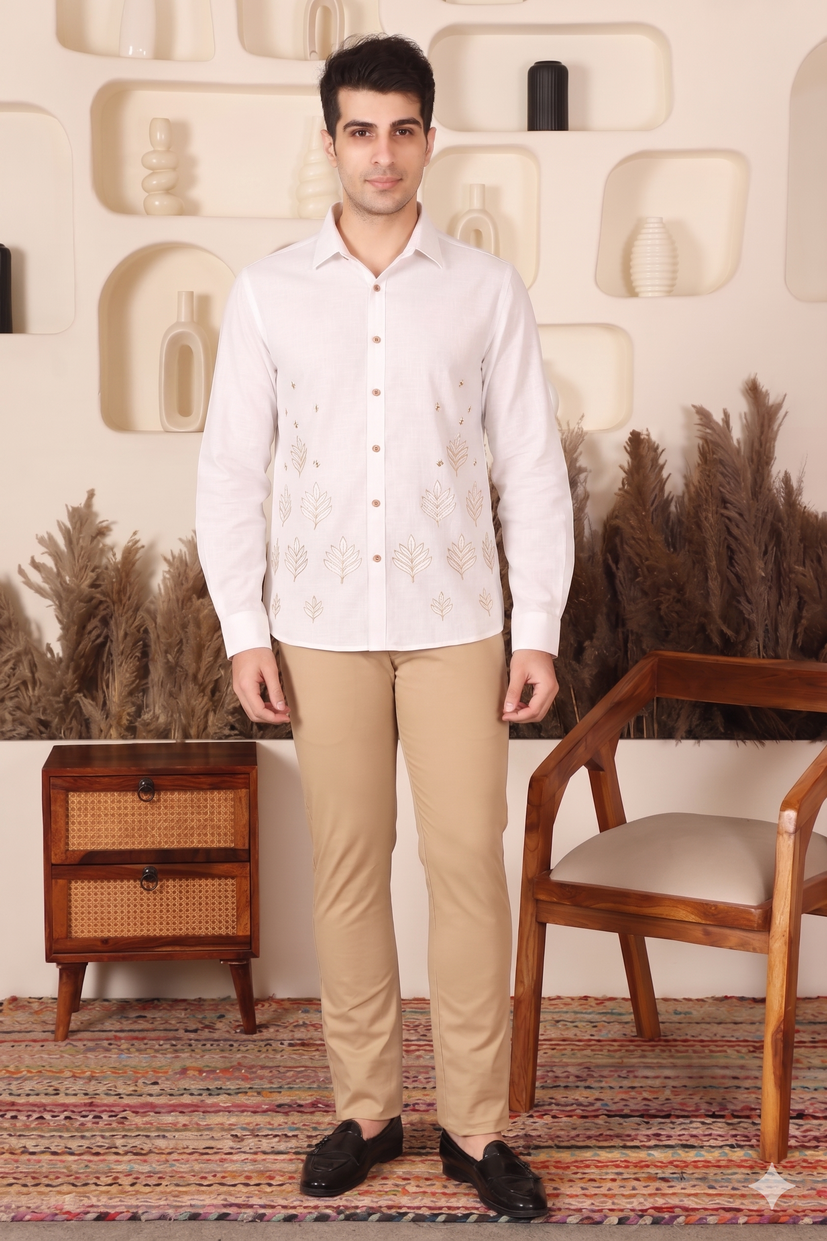 White Zari Embroidered Regular Fit Shirt for Men