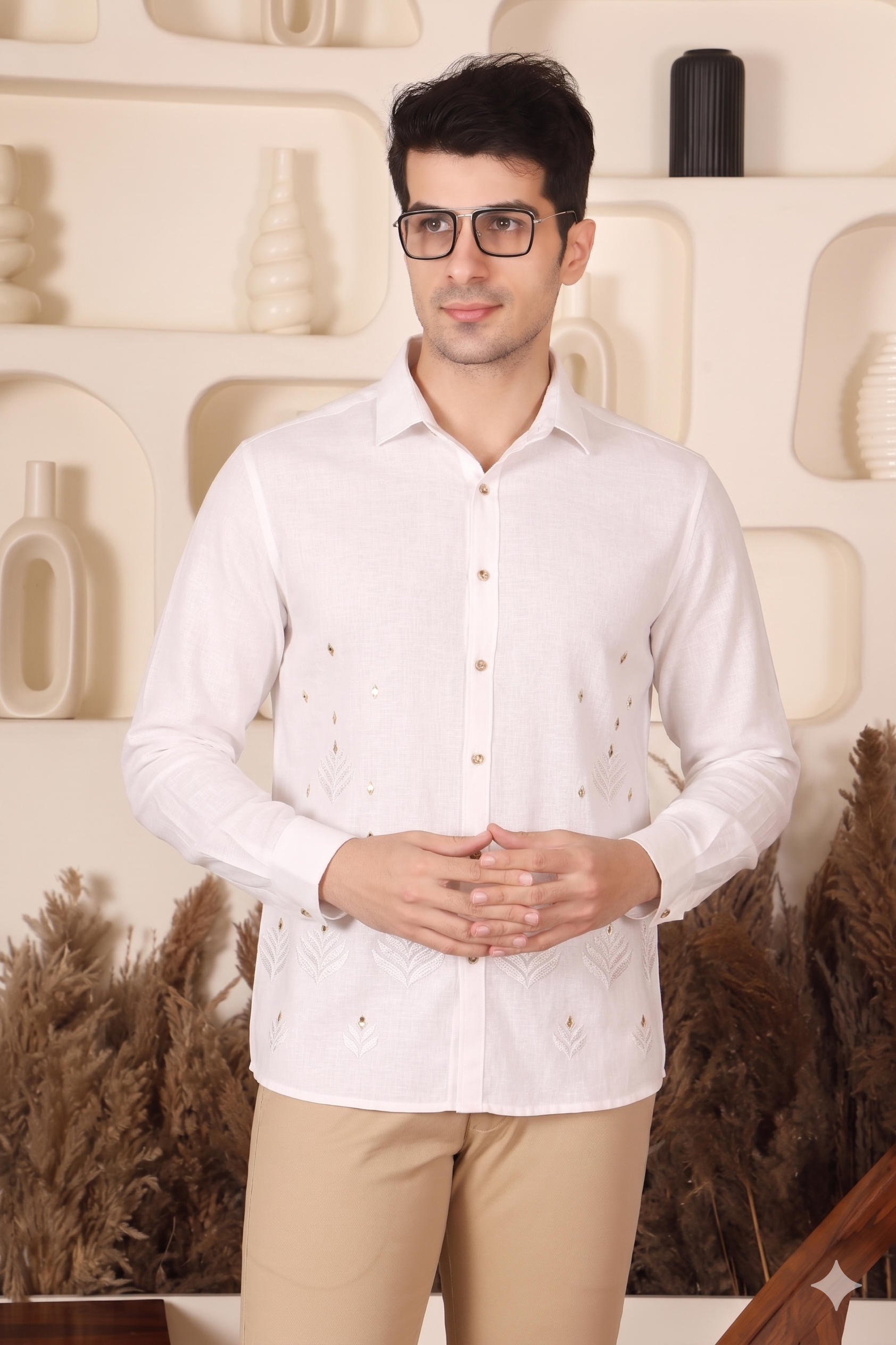 White Zari Embroidered Regular Fit Shirt for Men