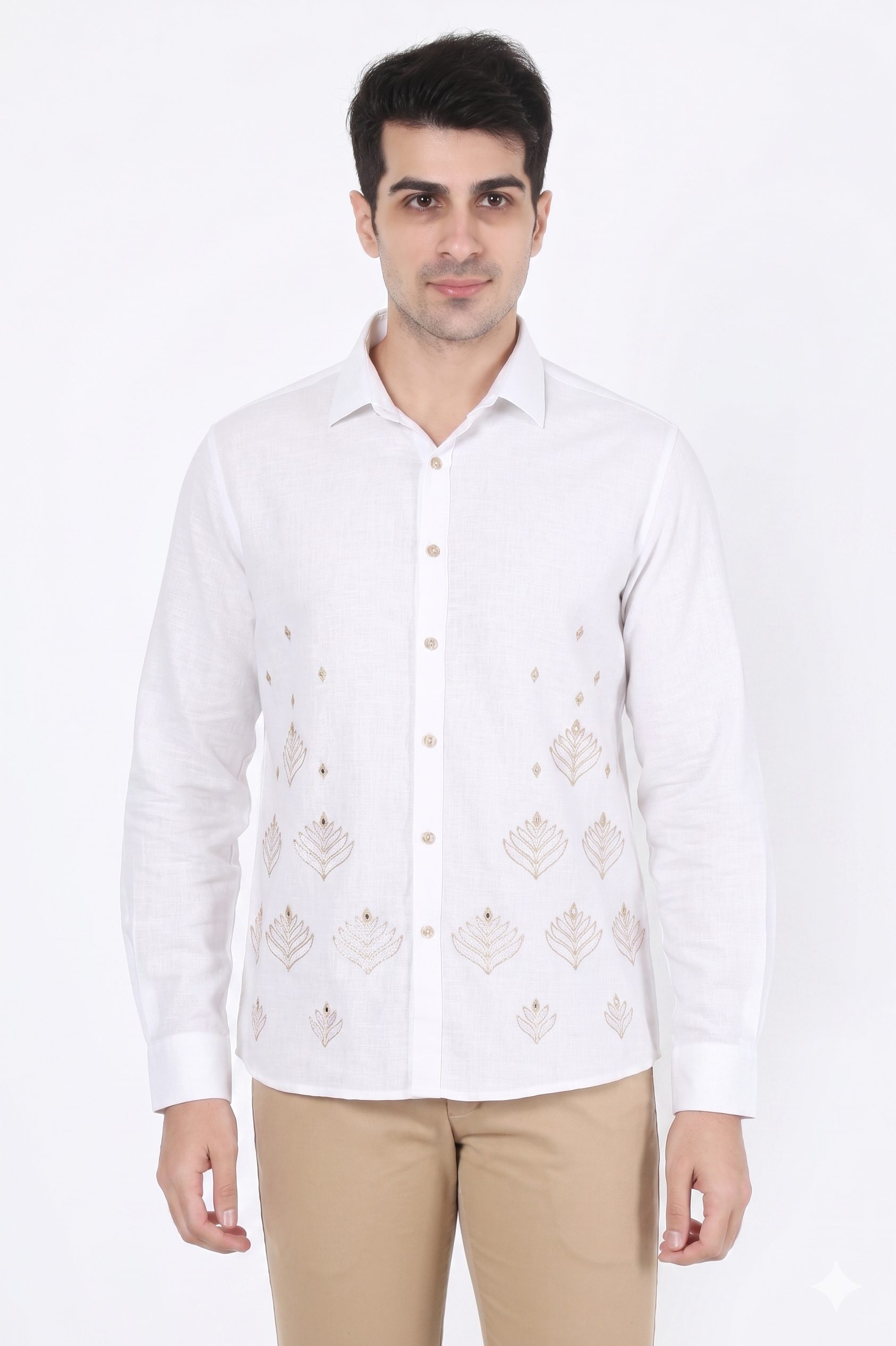 White Zari Embroidered Regular Fit Shirt for Men
