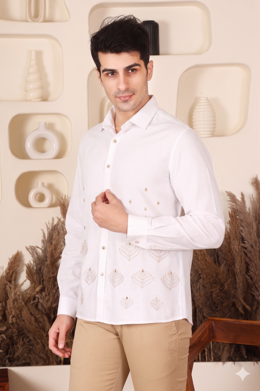 White Zari Embroidered Regular Fit Shirt for Men