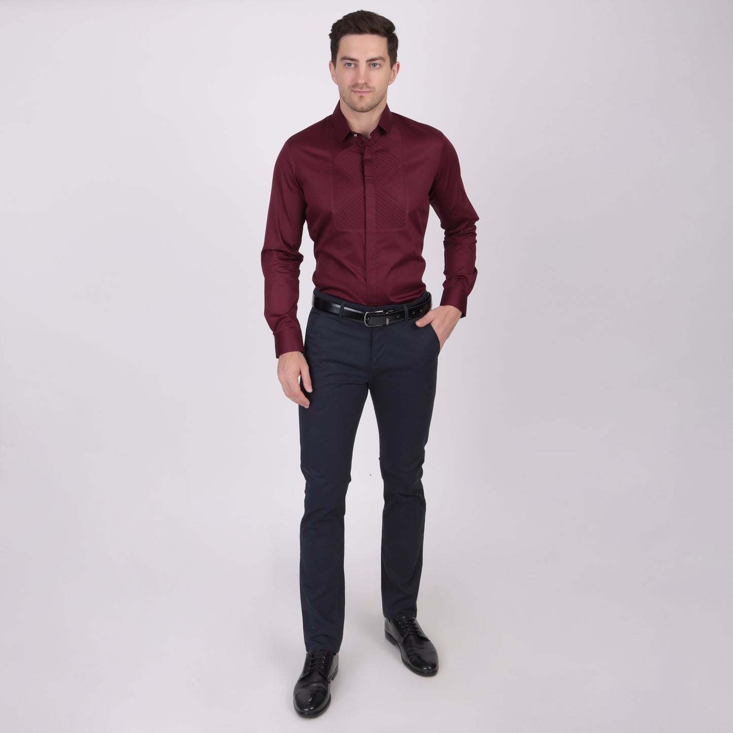Pier Seven Signature Cotton Satin Self Design Slim Fit Shirt for Men - Maroon (PWM021) Pier Seven