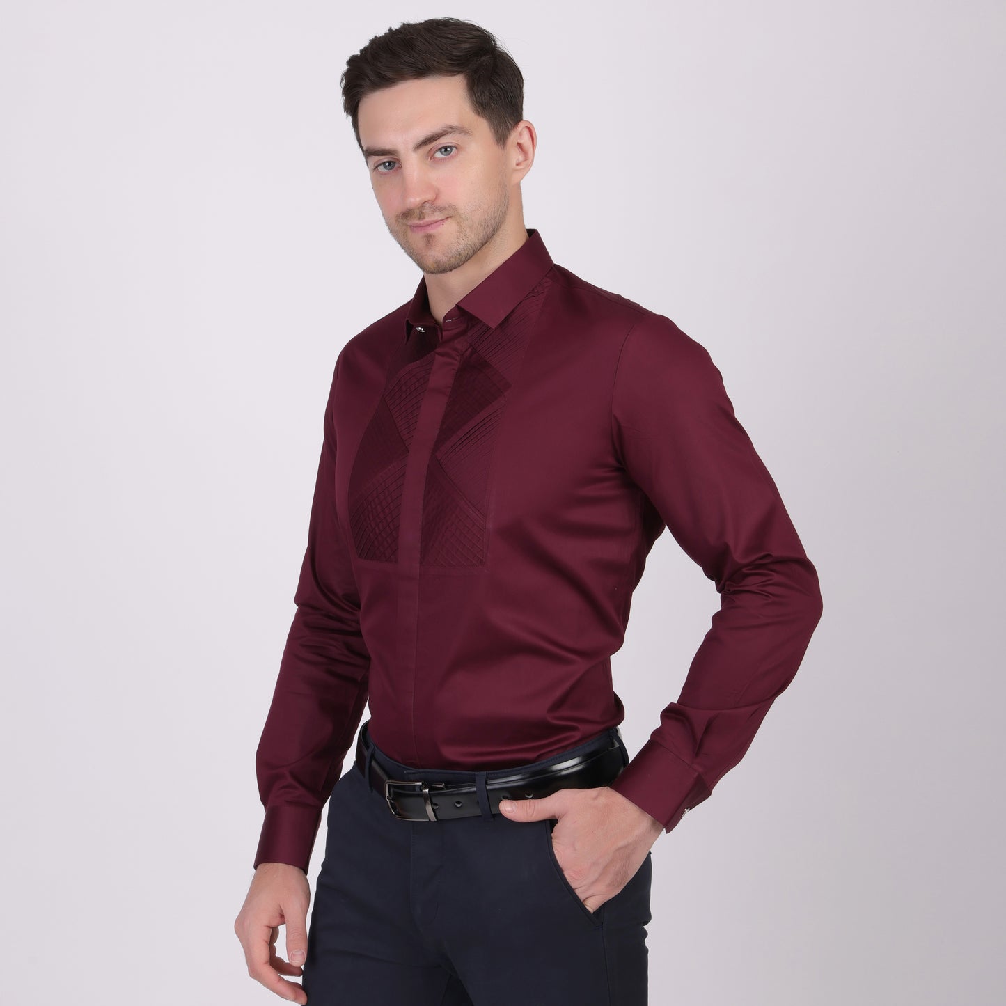 Pier Seven Signature Cotton Satin Self Design Slim Fit Shirt for Men - Maroon (PWM021) Pier Seven