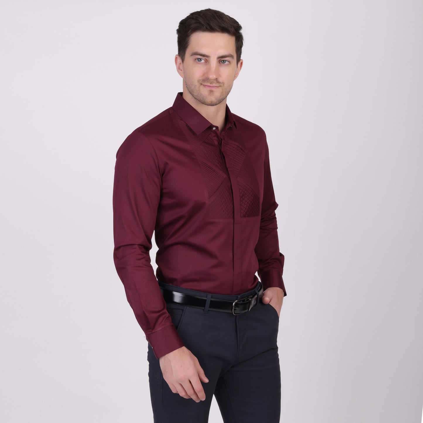 Pier Seven Signature Cotton Satin Self Design Slim Fit Shirt for Men - Maroon (PWM021) Pier Seven