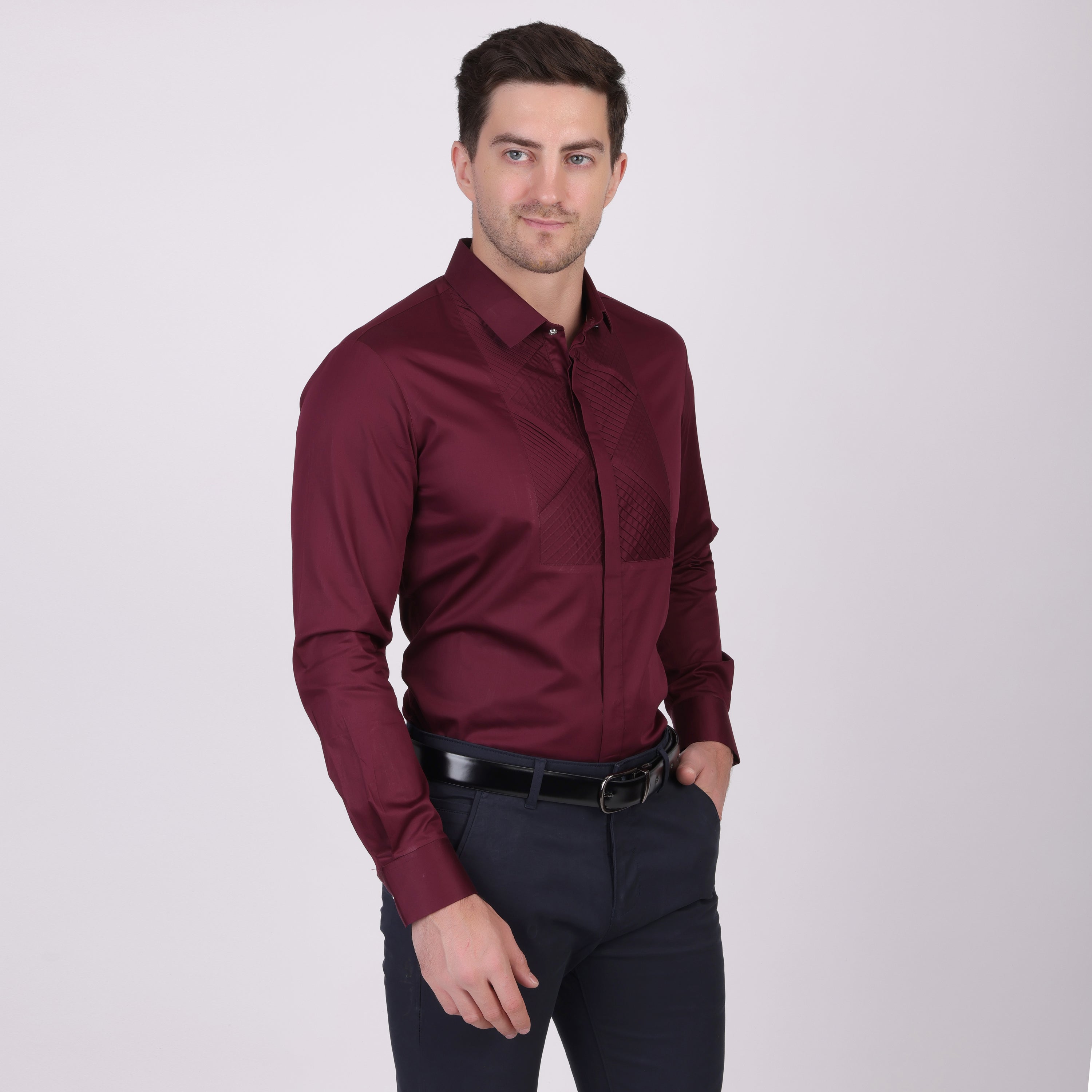 Pier Seven Signature Cotton Satin Self Design Slim Fit Shirt for Men - Maroon (PWM021) Pier Seven