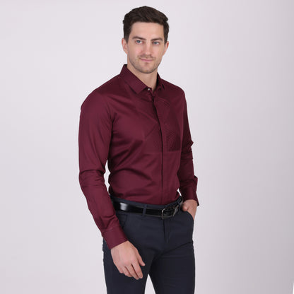 Pier Seven Signature Cotton Satin Self Design Slim Fit Shirt for Men - Maroon (PWM021) Pier Seven