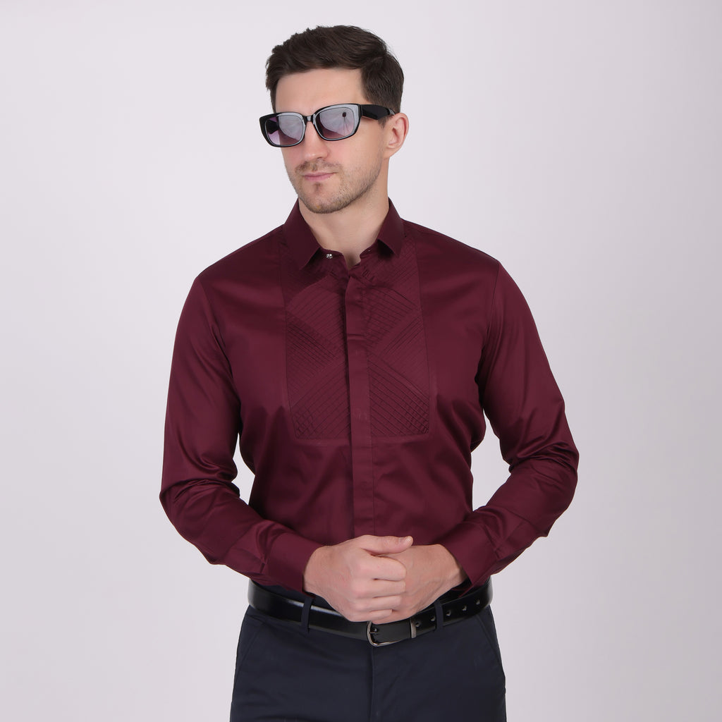 Pier Seven Signature Cotton Satin Self Design Slim Fit Shirt for Men - Maroon (PWM021) Pier Seven