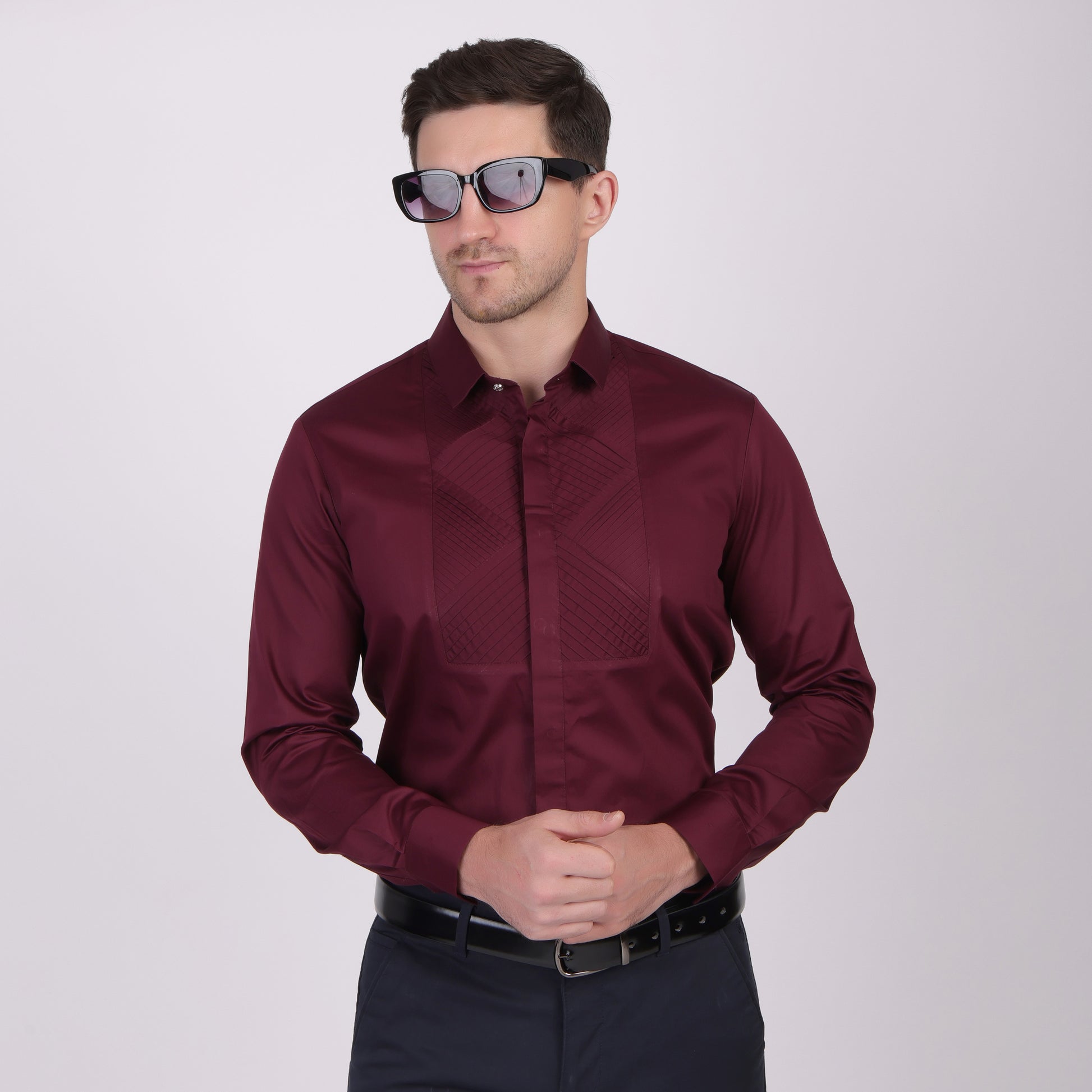 Pier Seven Signature Cotton Satin Self Design Slim Fit Shirt for Men - Maroon (PWM021) Pier Seven