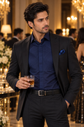 COTTON SATIN PIN TUCK YOKE PARTY SHIRT NAVY (PWM021)