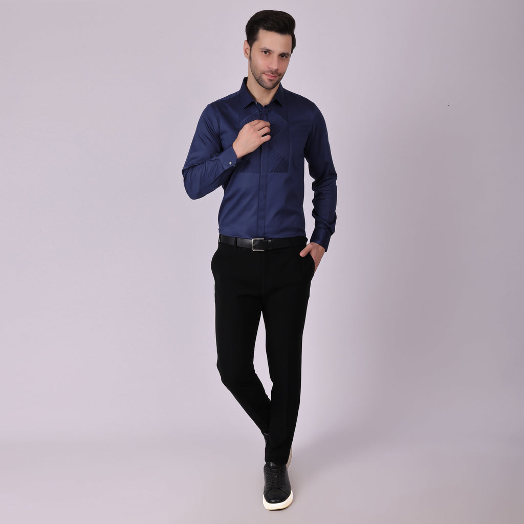 Pier Seven Signature Cotton Satin Self Design Slim Fit Shirt for Men - Navy (PWM021) Pier Seven