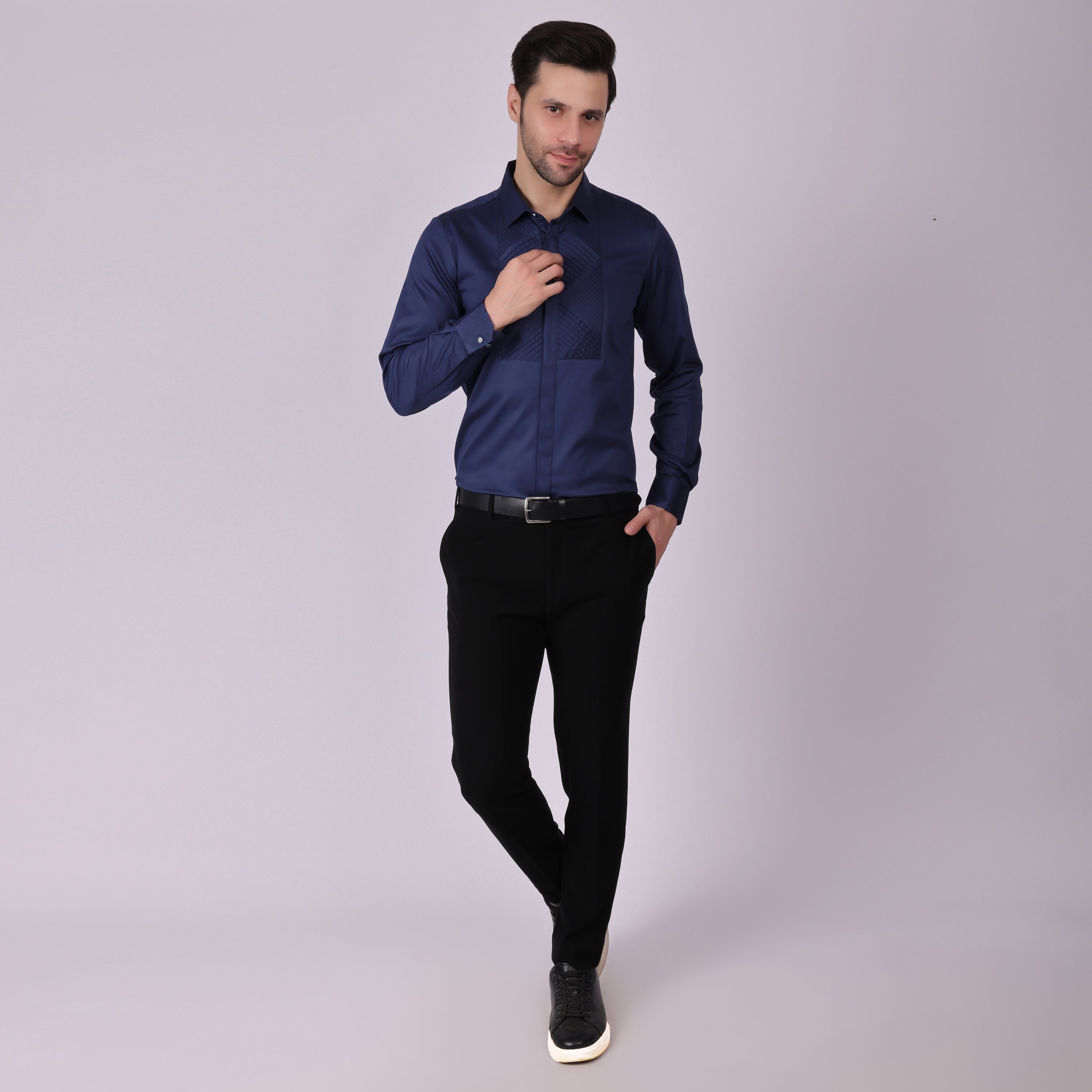 Pier Seven Signature Cotton Satin Self Design Slim Fit Shirt for Men - Navy (PWM021) Pier Seven