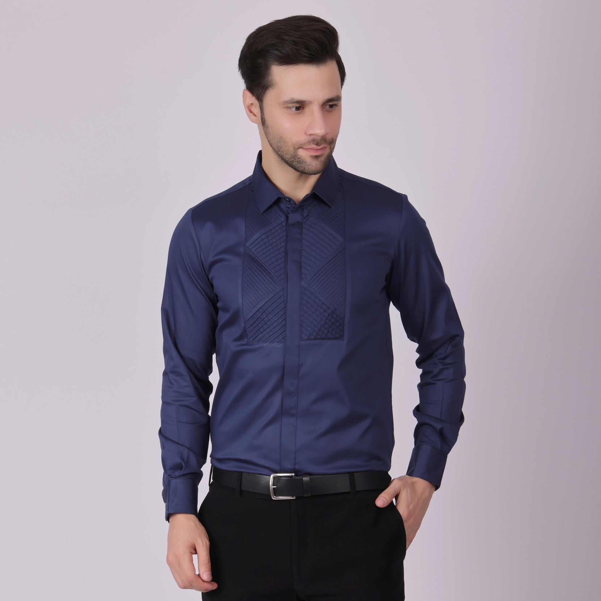 Pier Seven Signature Cotton Satin Self Design Slim Fit Shirt for Men - Navy (PWM021) Pier Seven