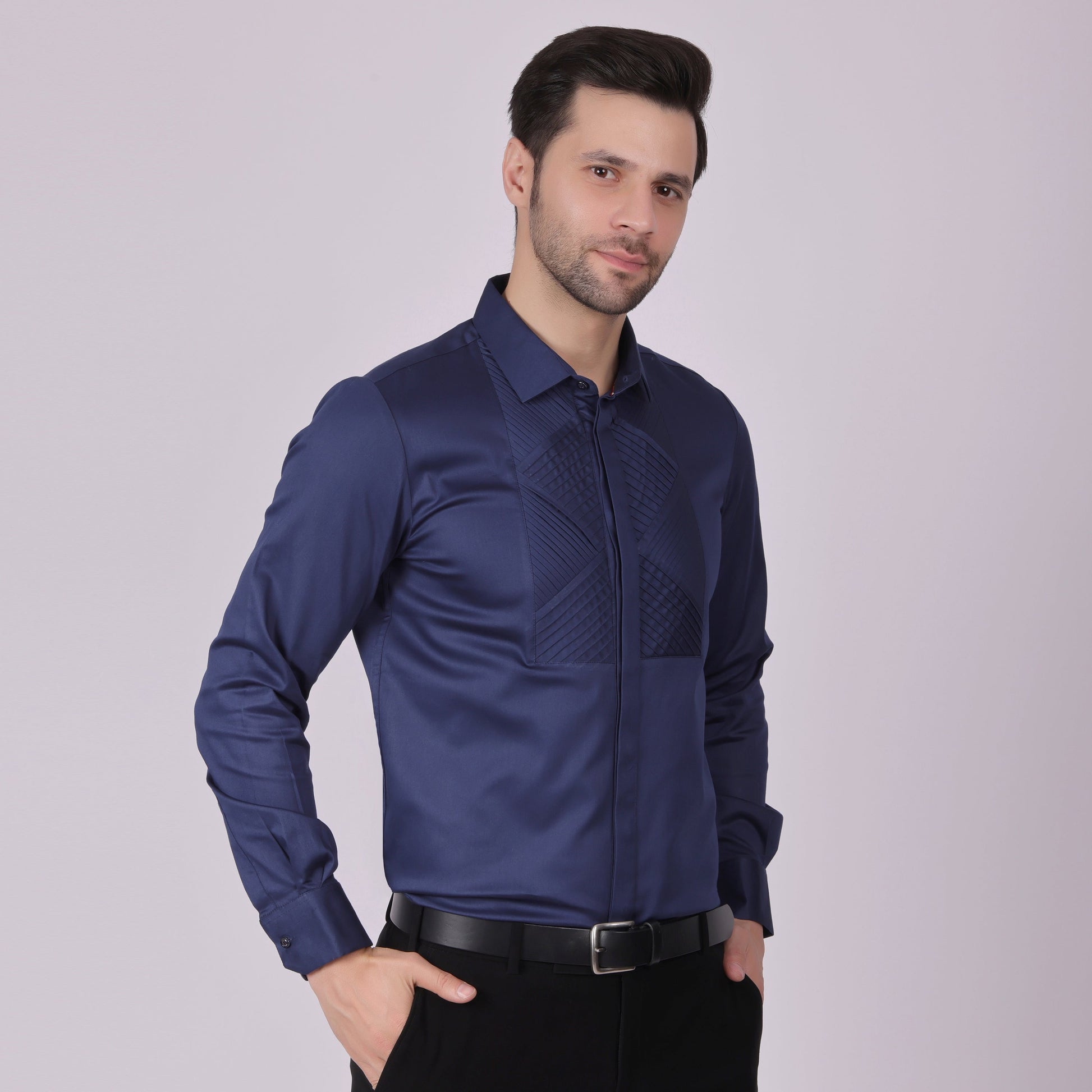 Pier Seven Signature Cotton Satin Self Design Slim Fit Shirt for Men - Navy (PWM021) Pier Seven