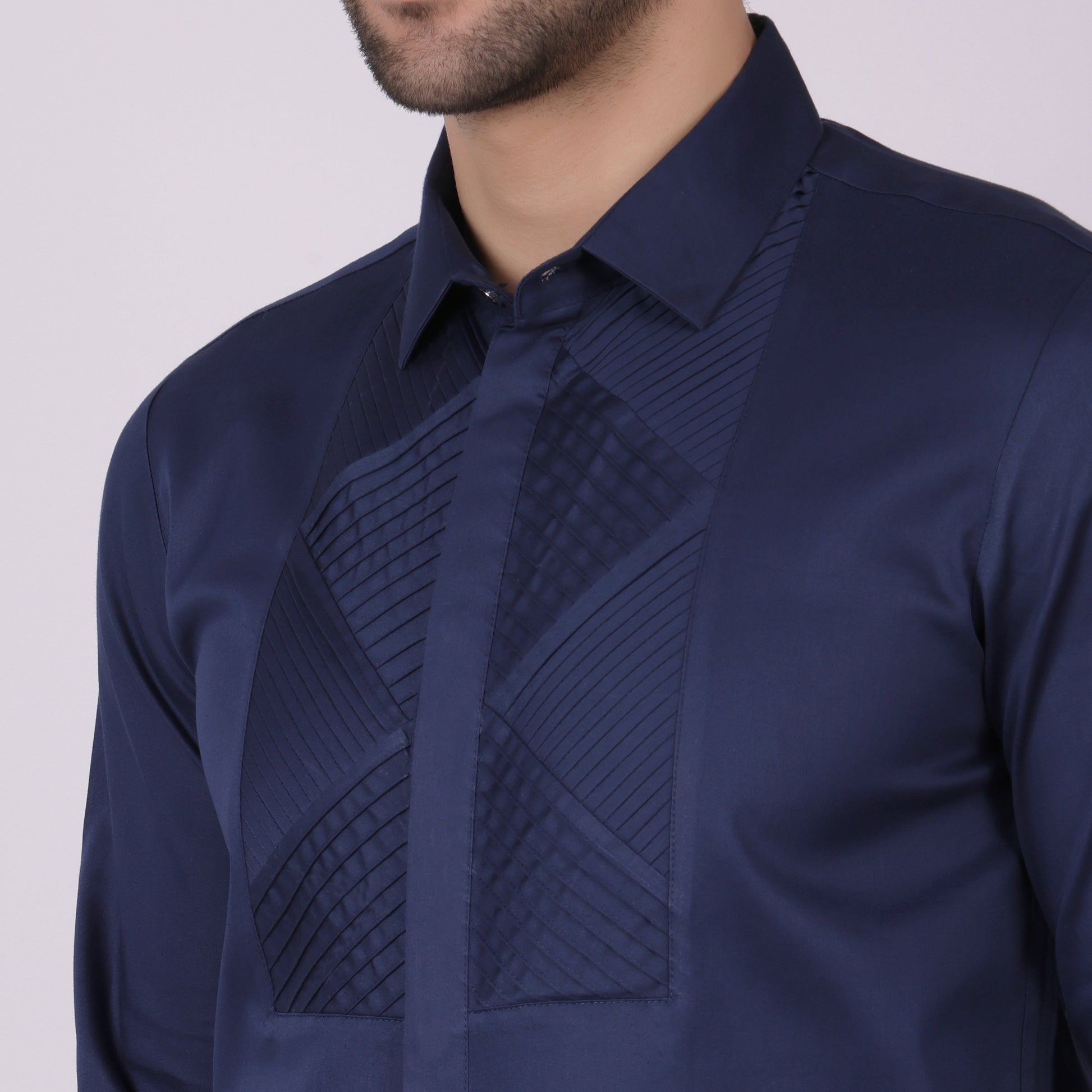 Pier Seven Signature Cotton Satin Self Design Slim Fit Shirt for Men - Navy (PWM021) Pier Seven