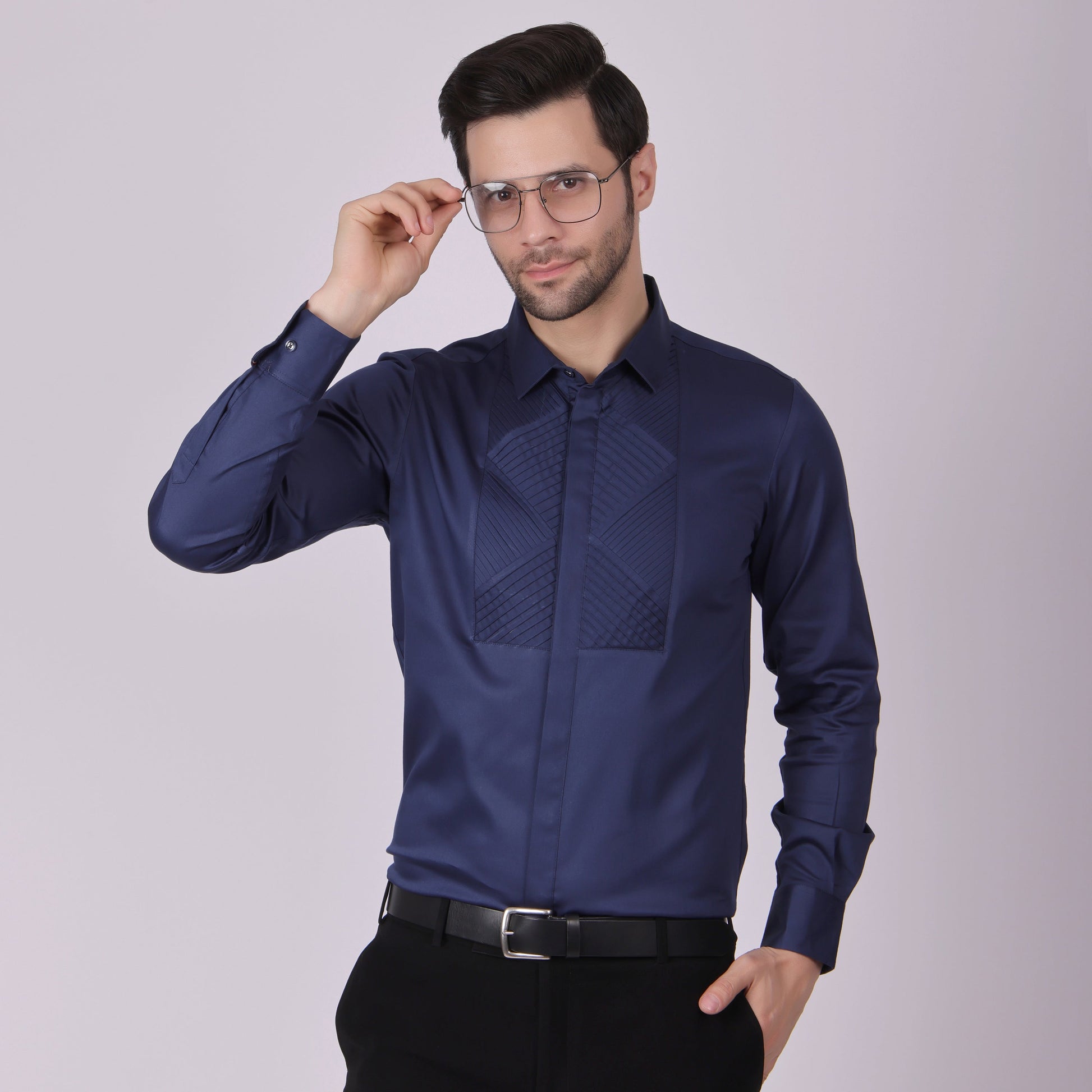 Pier Seven Signature Cotton Satin Self Design Slim Fit Shirt for Men - Navy (PWM021) Pier Seven